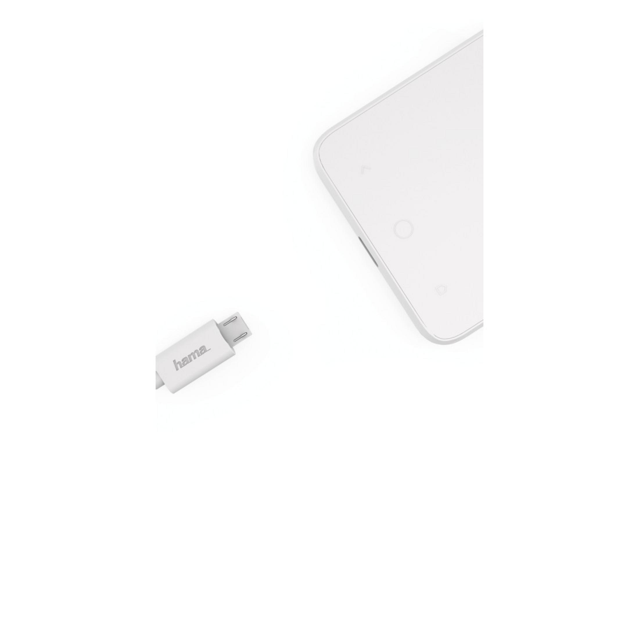 Biały kabel USB z logo Hama i białe urządzenie na białym tle.