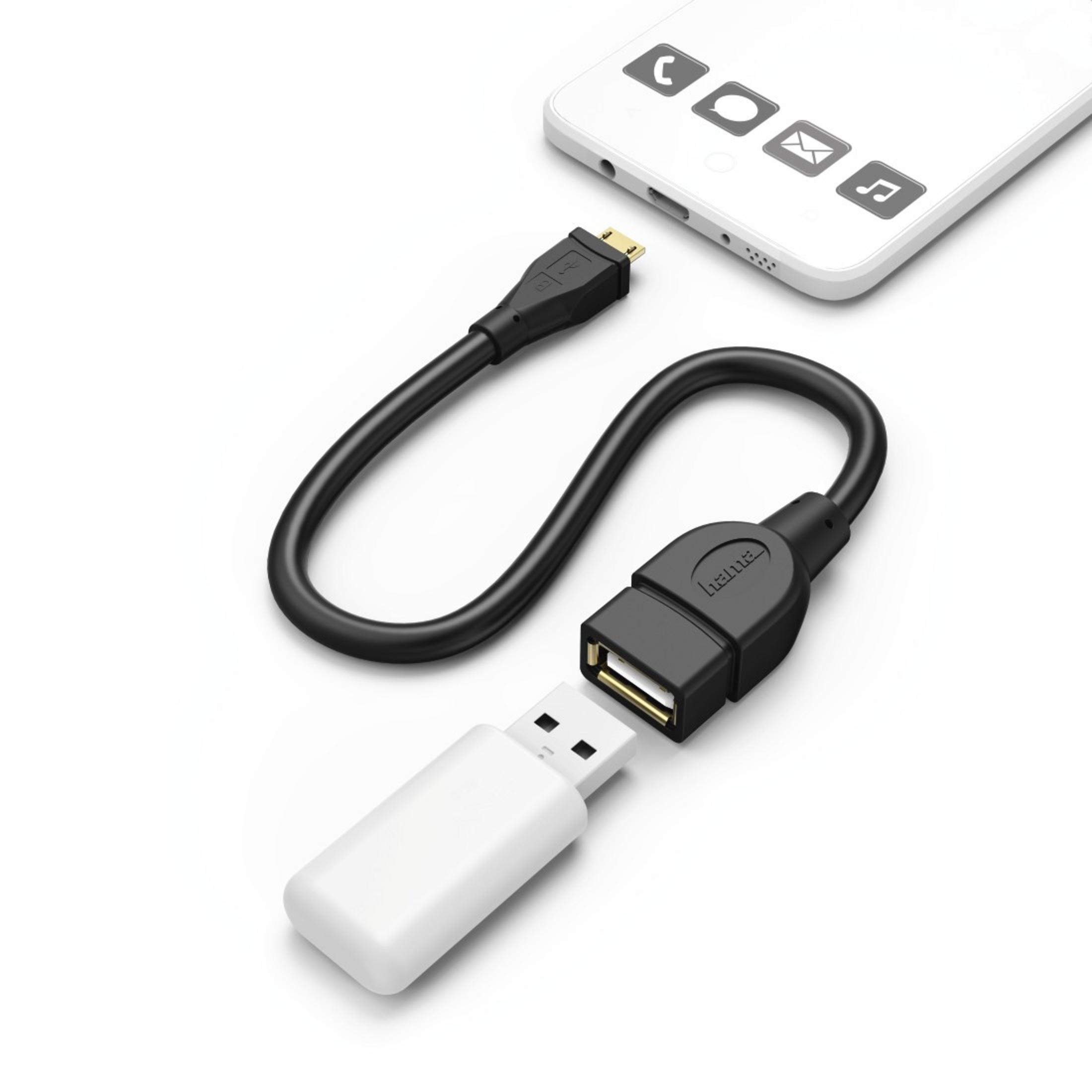 Czarny kabel z końcówką USB i czarny adapter z końcówkami USB i micro USB. Telefon na górze.