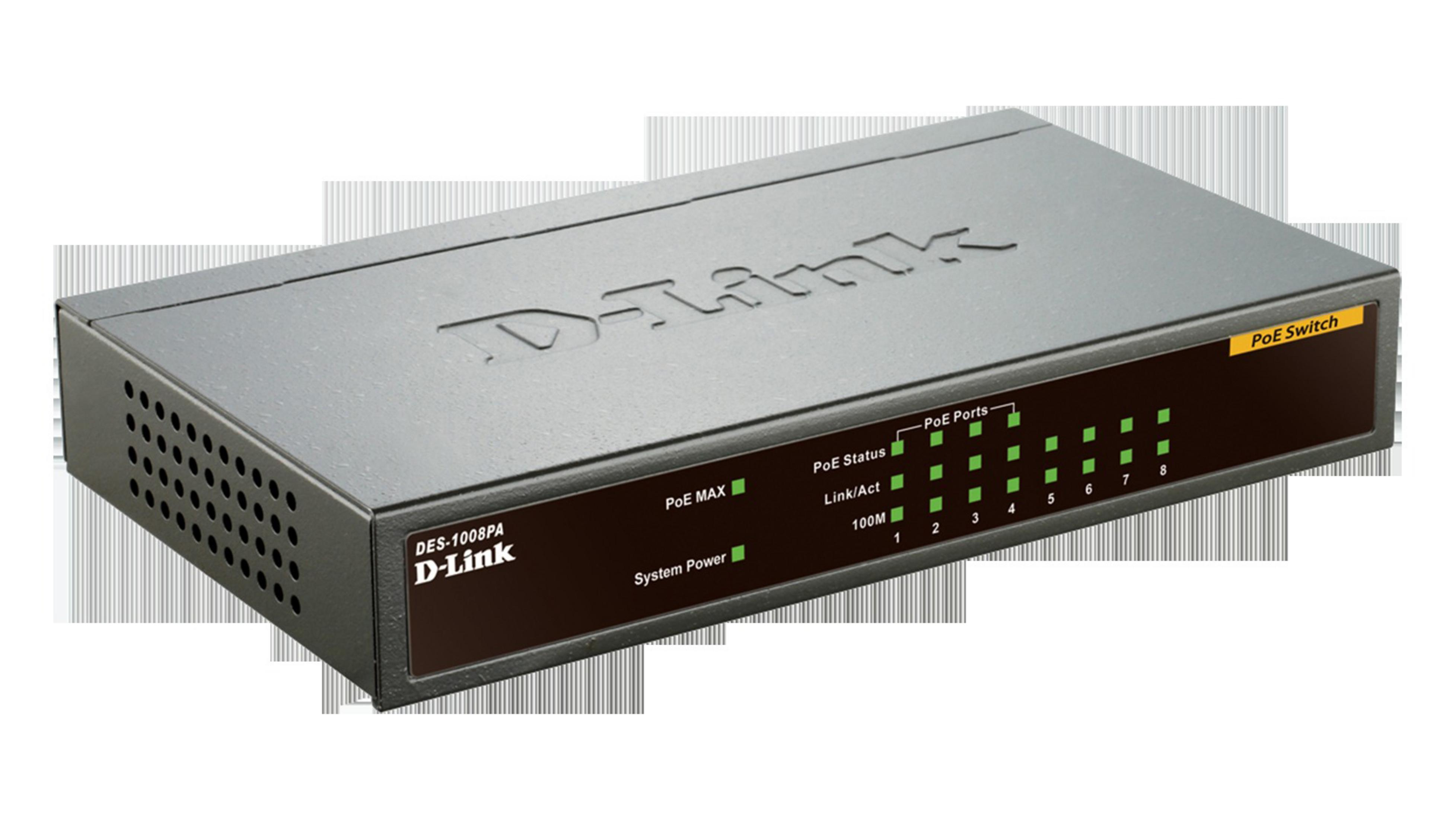 Switch PoE D-Link nero, vista frontale, mostra porte e indicatori.