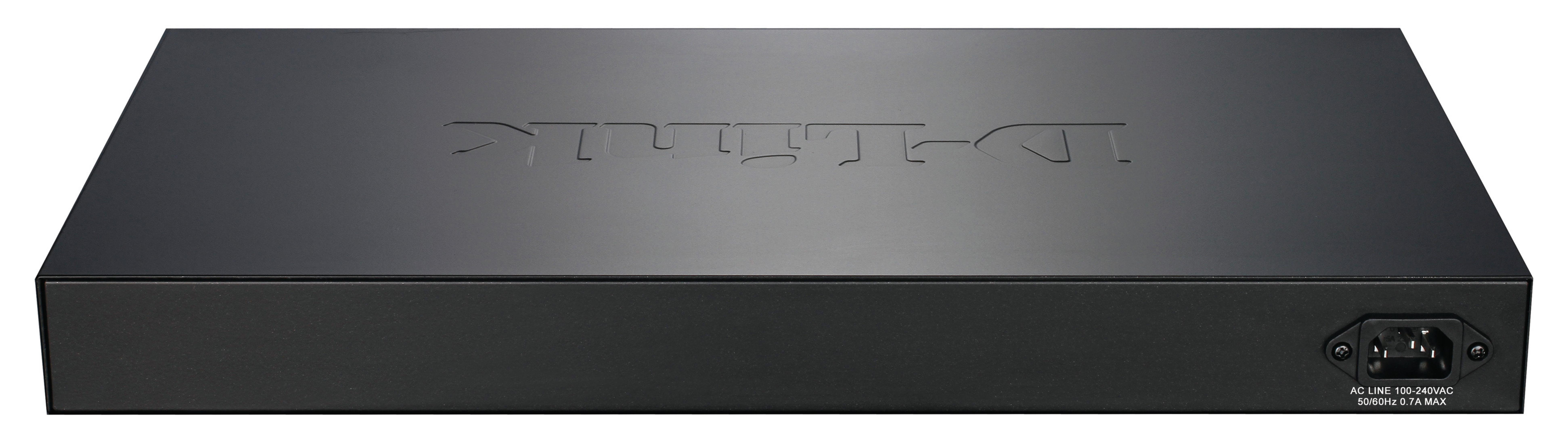 Schwarzer Netzwerk-Switch mit D-Link-Logo oben und Stromeingang hinten.