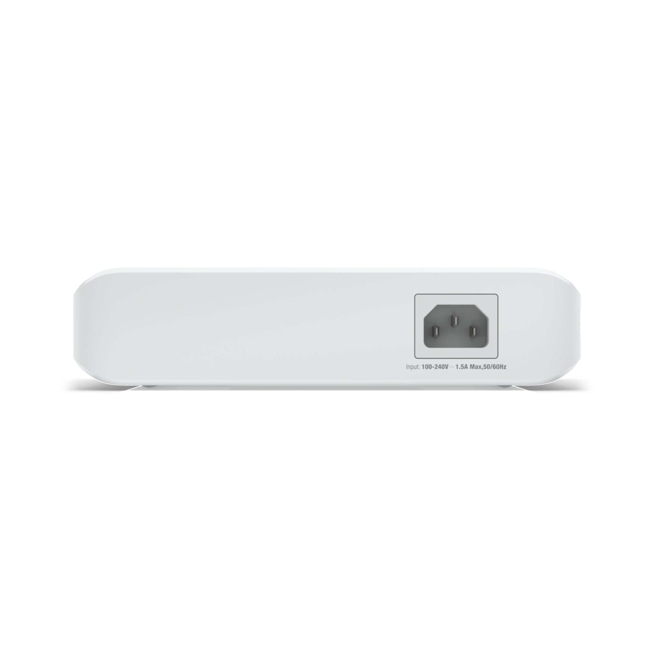 Dos d'une alimentation blanche avec port de cordon d'alimentation. 'Input: 100-240V ~ 1.5A Max, 50/60Hz'.