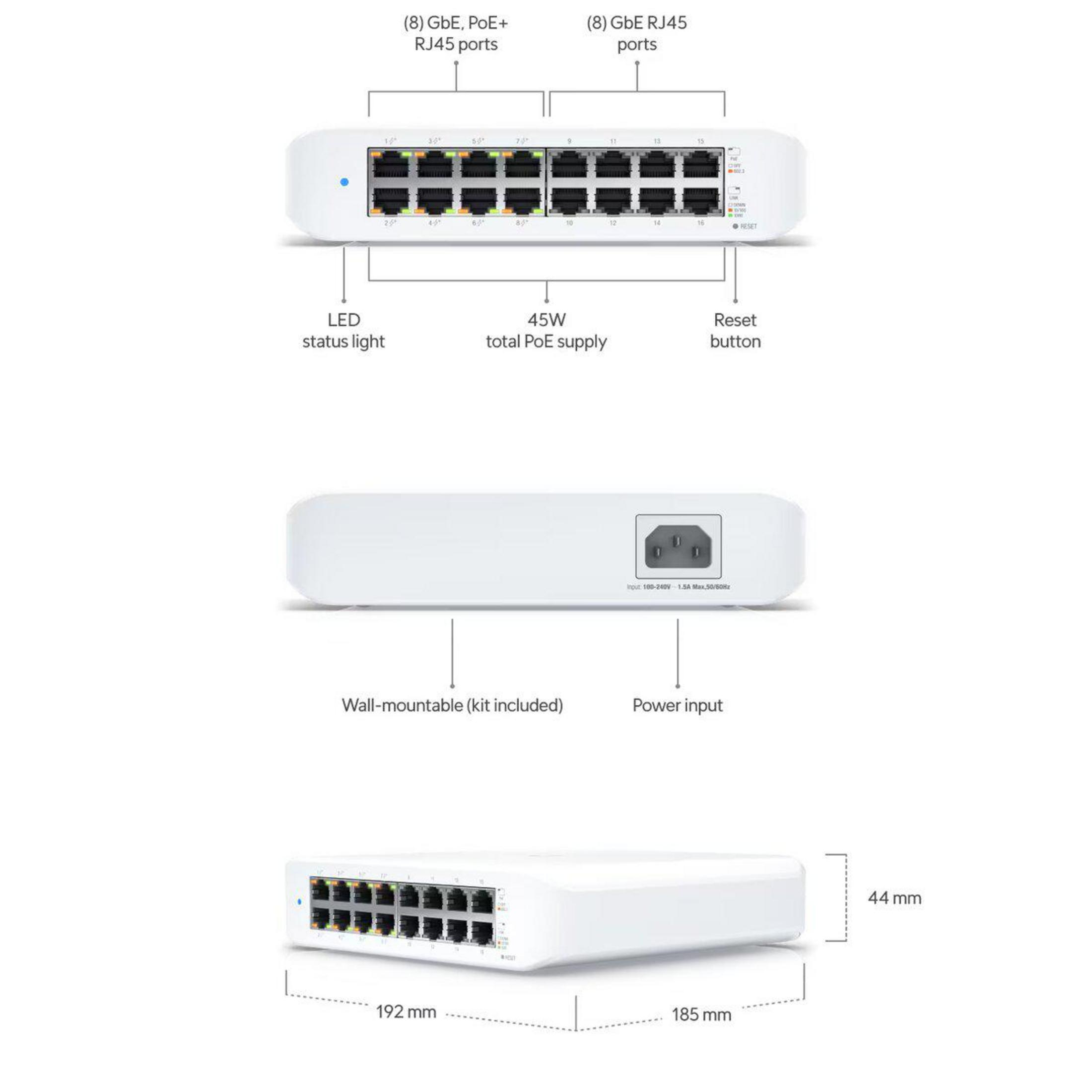 Witte netwerkswitch. Toont poorten, statuslampje, resetknop en afmetingen.