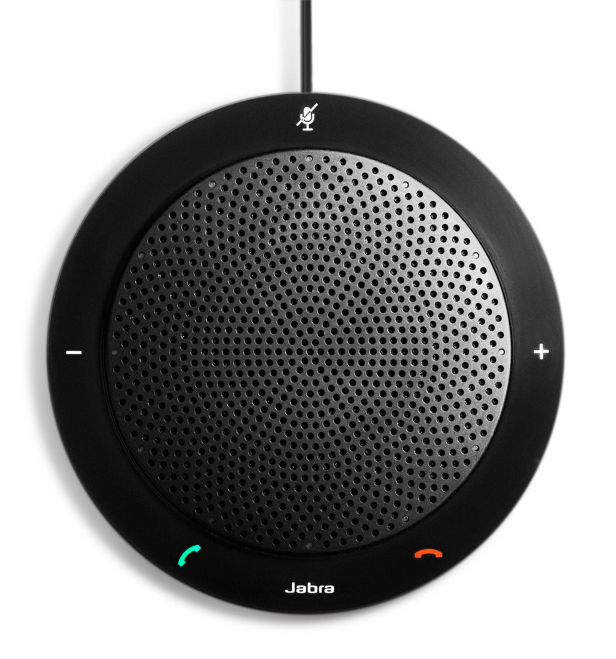 Ein schwarzes Jabra-Freisprechtelefon mit Mikrofon-Symbol und Ruftasten, auf Weiß.