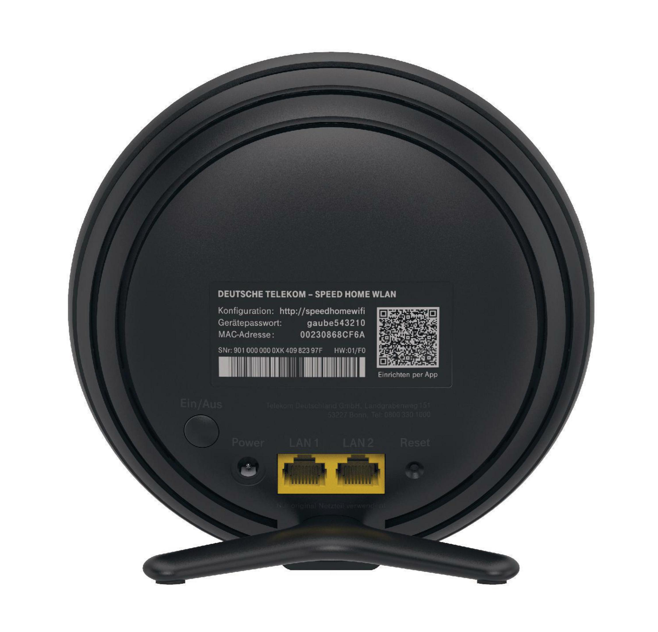 Rückansicht eines schwarzen, runden Geräts mit Anschlüssen und Text.