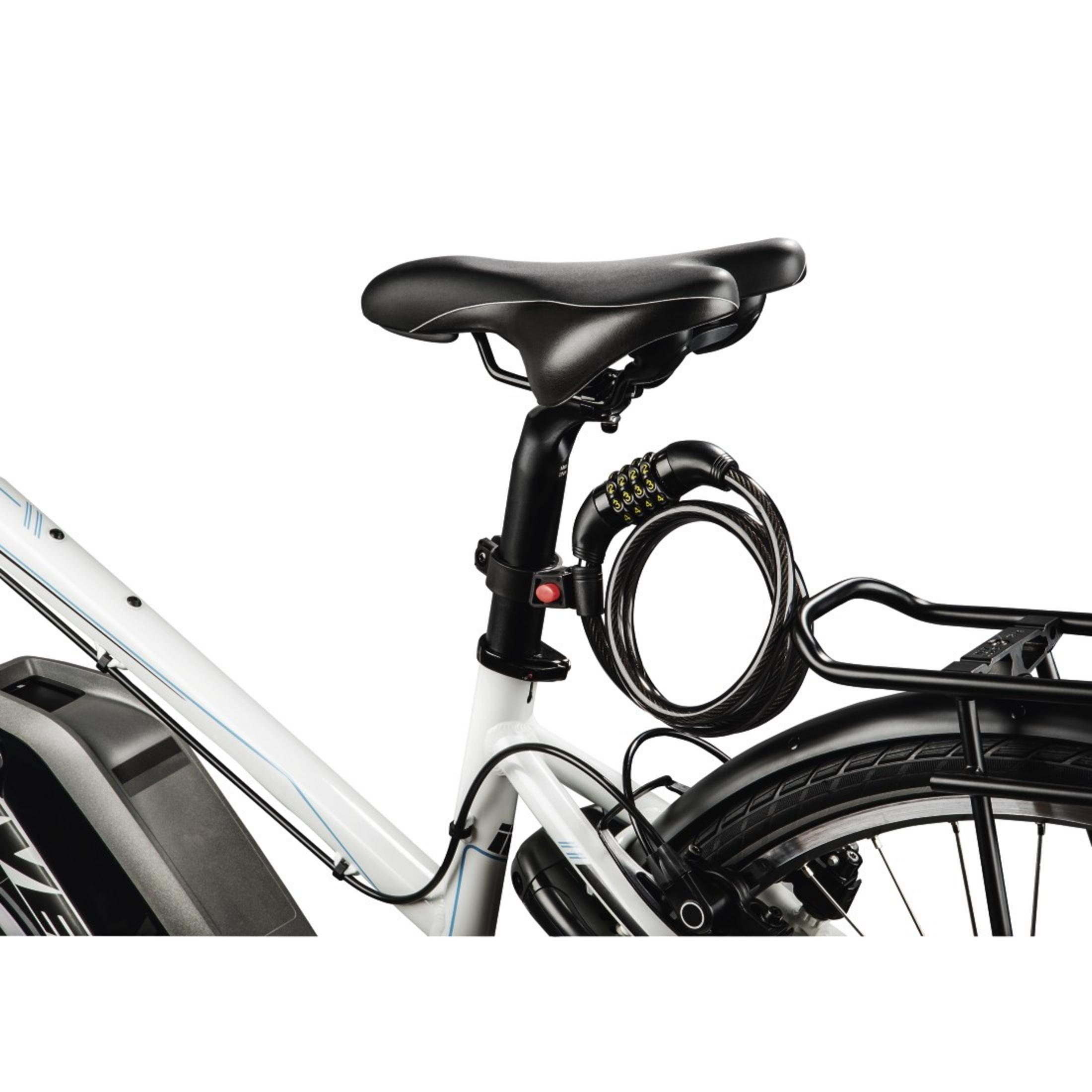 Rower z czarną blokadą przymocowaną do ramy.