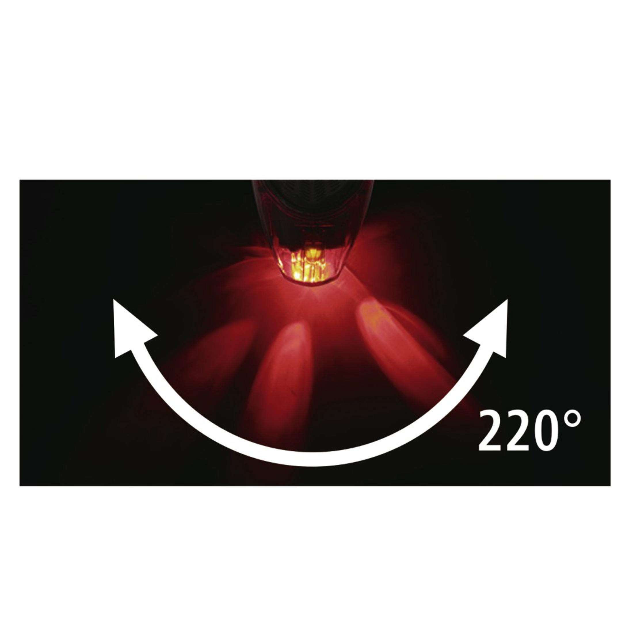 Czerwone światło ze strzałkami wskazującymi 220 stopni oświetlenia.