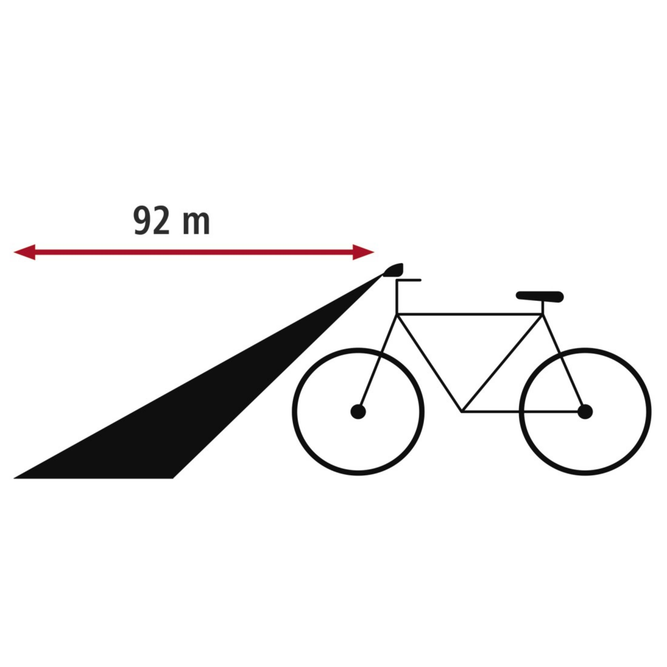 Rysunek linii roweru z wiązką światła rozciągającą się na 92 metry od przedniego koła.