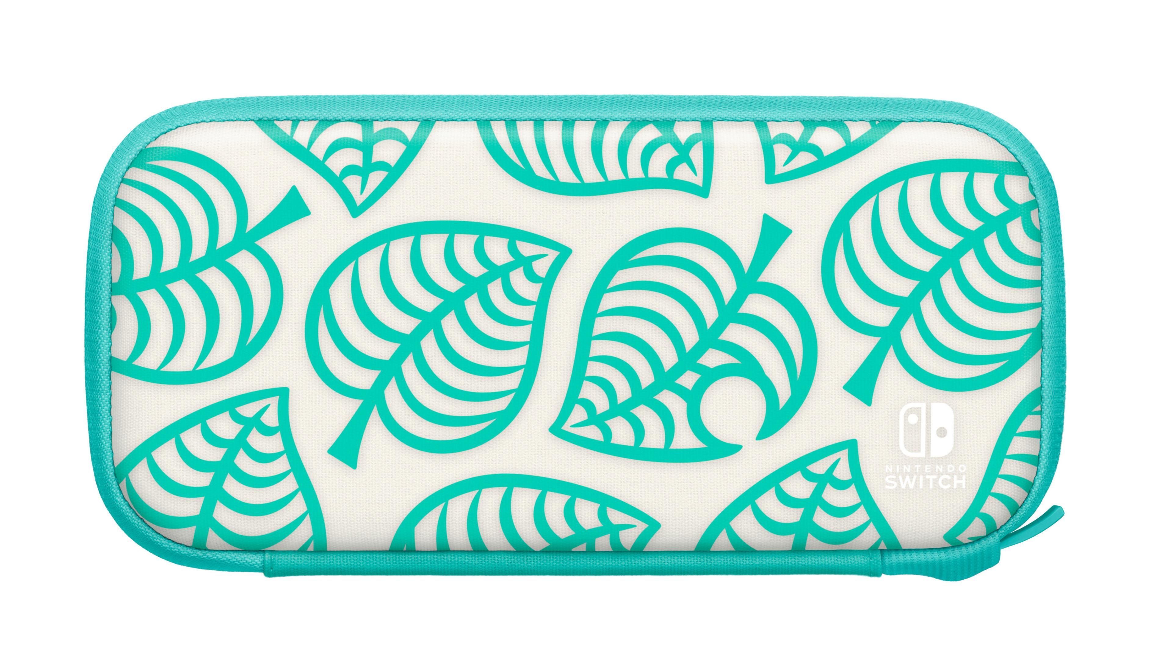 Una funda de Nintendo Switch con borde turquesa y superficie blanca con patrones de hojas.