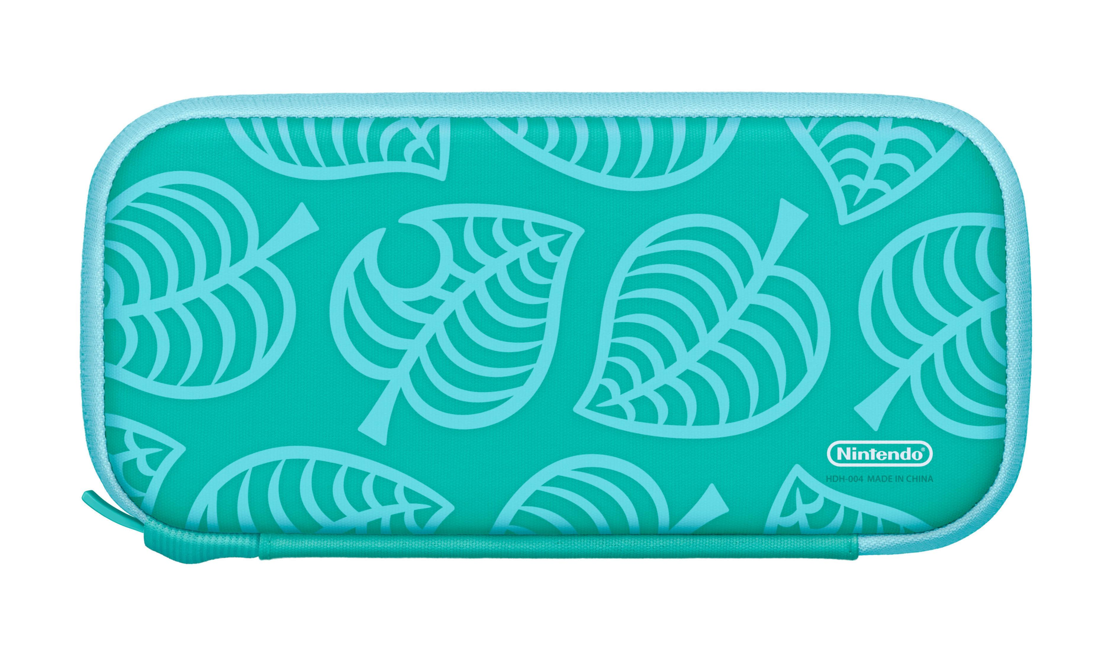 Una funda turquesa de Nintendo Switch de Animal Crossing con patrones de hojas blancas.