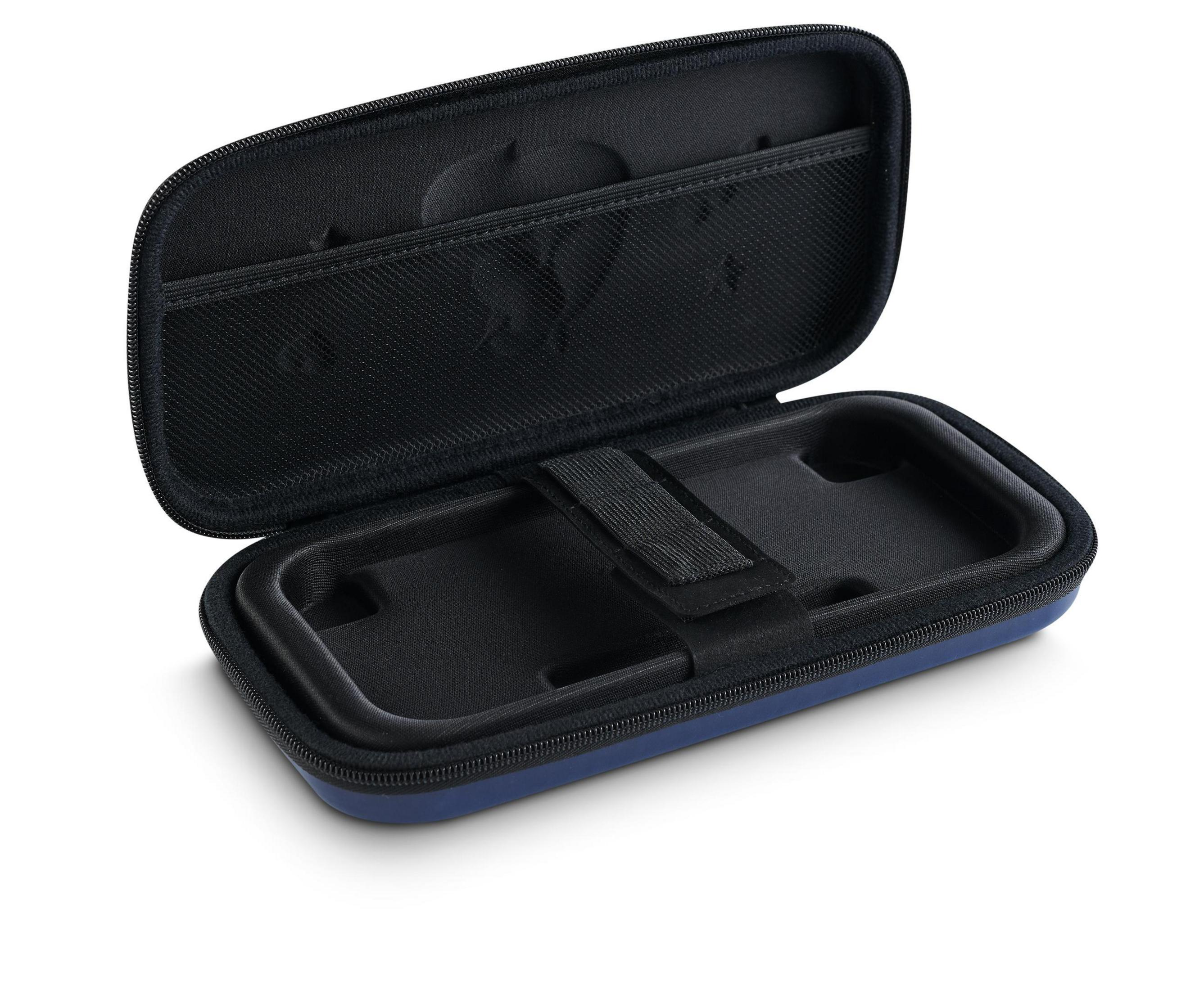 Estuche azul abierto con interior negro, mostrando compartimentos y una correa.