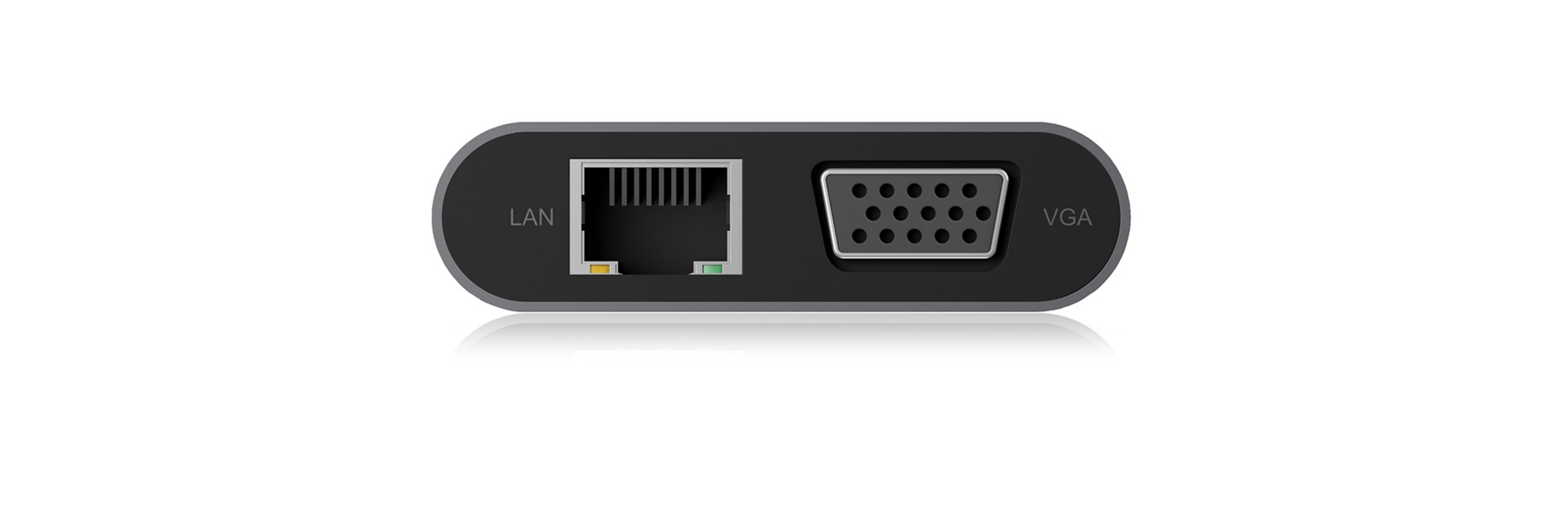 Adattatore nero con porta LAN e porta VGA. Le porte sono etichettate LAN e VGA, rispettivamente.