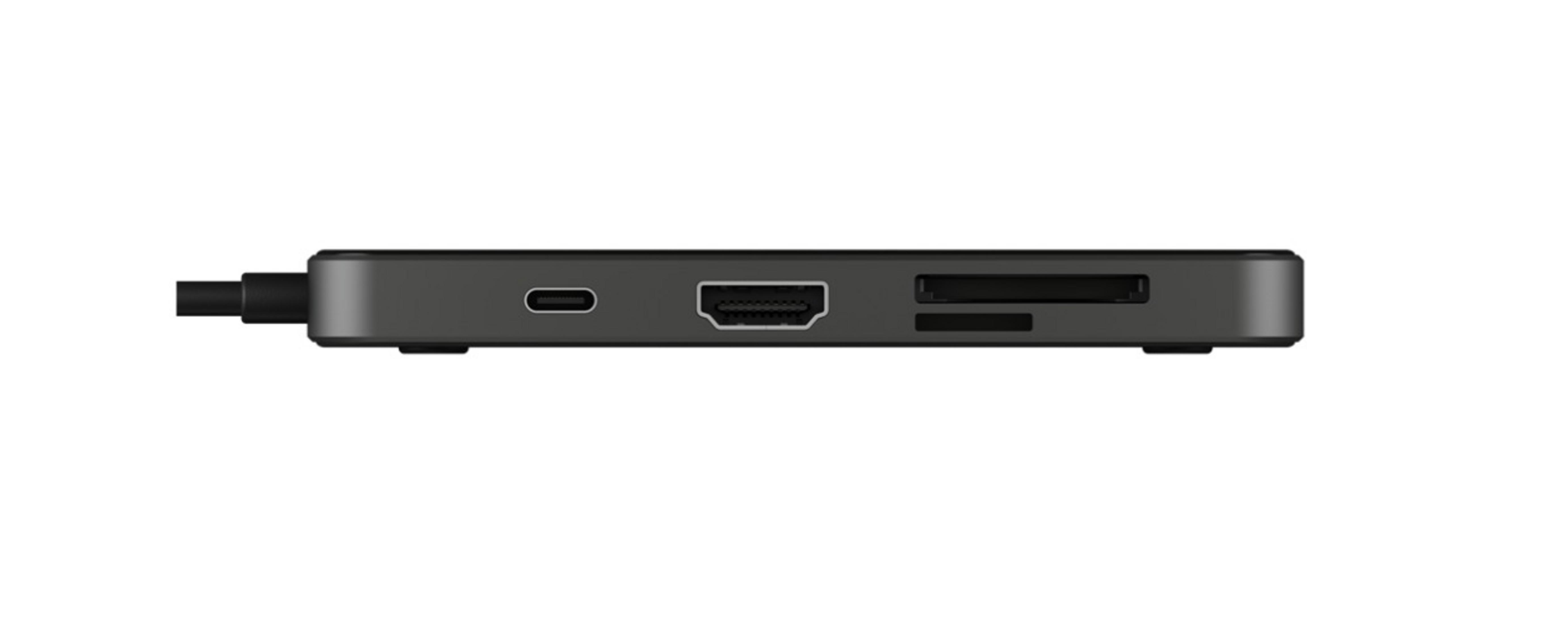Schwarzer Hub mit mehreren Anschlüssen. Hat einen USB-C-Anschluss, HDMI-Anschluss und SD-Kartensteckplatz.