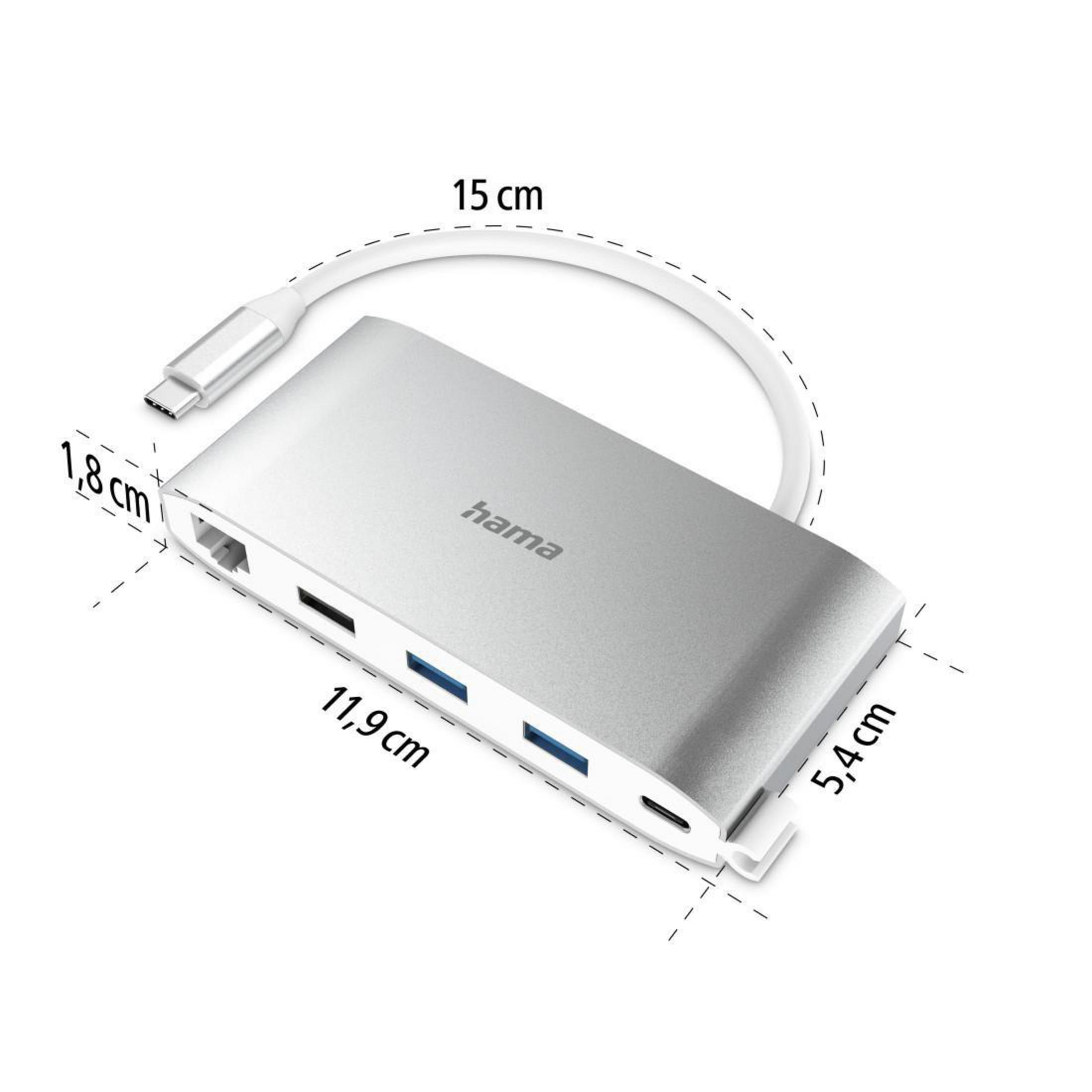 Silberner USB-C-Hub mit Anschlüssen. Abmessungen: 11,9 x 5,4 x 1,8 cm. Weißer Hintergrund.