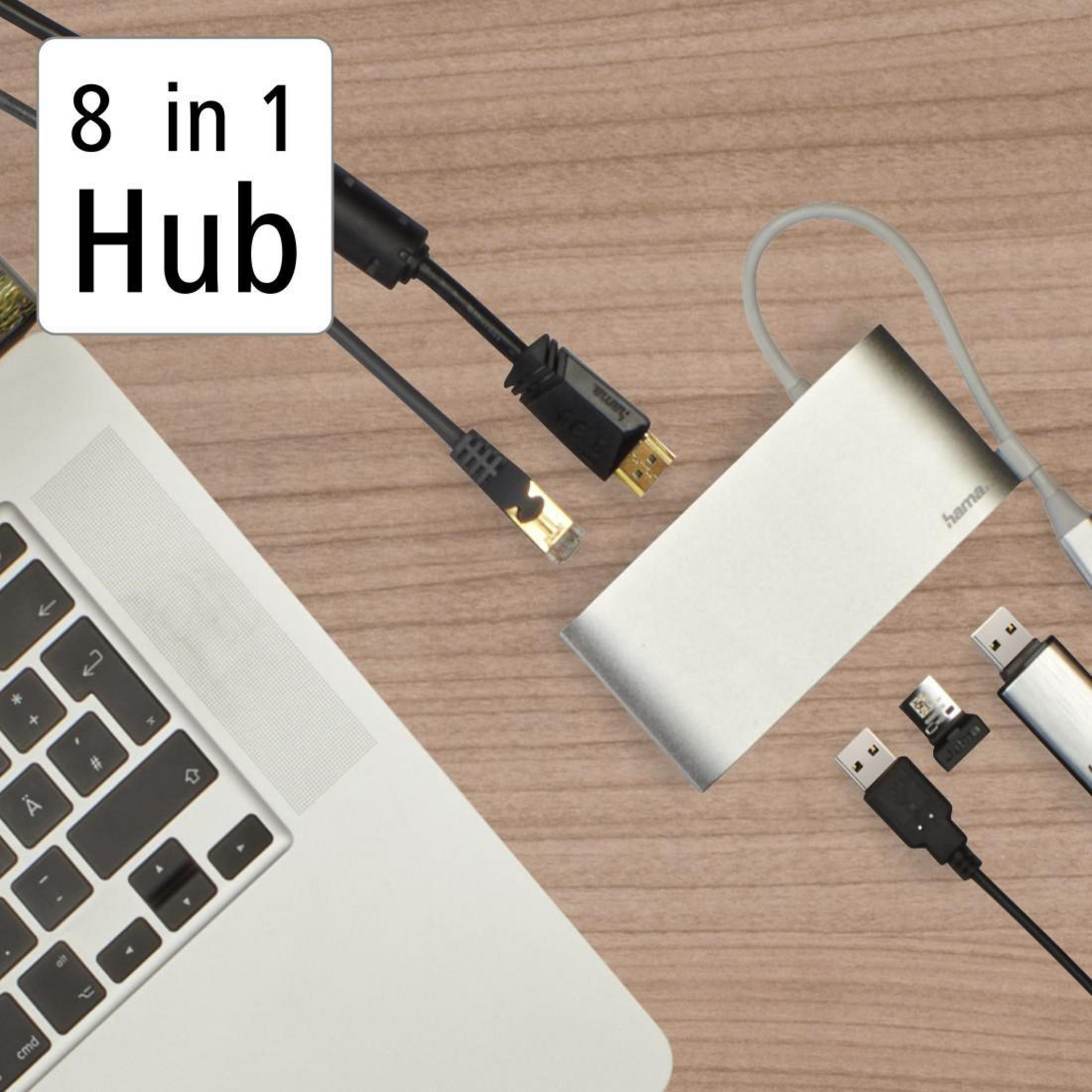 Ein Laptop mit angeschlossenem USB-Hub. Kabel und USB-Anschlüsse sind sichtbar, mit dem Label '8 in 1 Hub'.