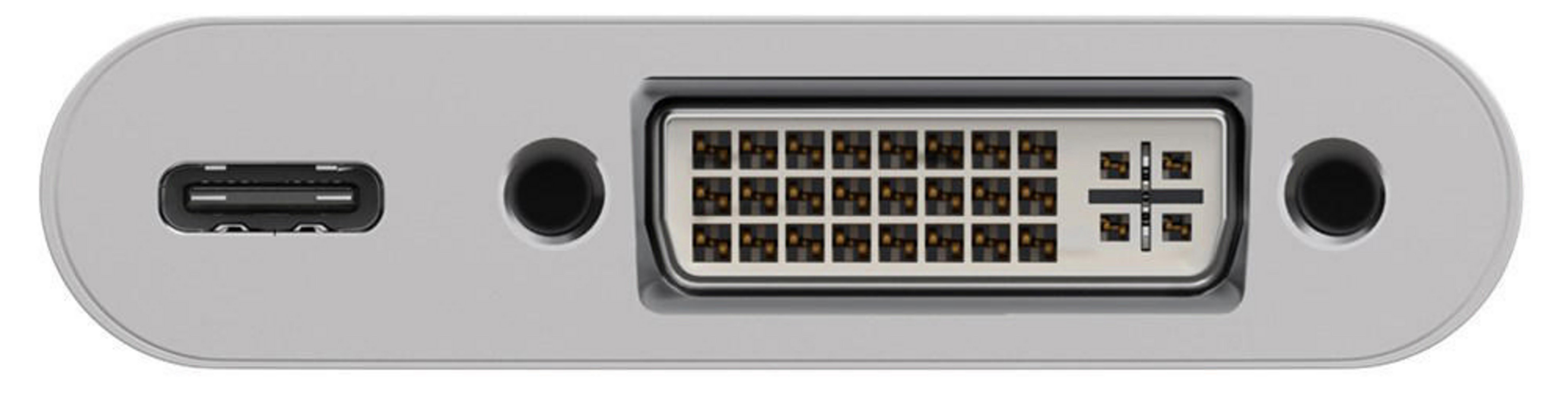 Graues Gerät mit USB-C-Anschluss, zwei Löchern und einem DVI-Anschluss.