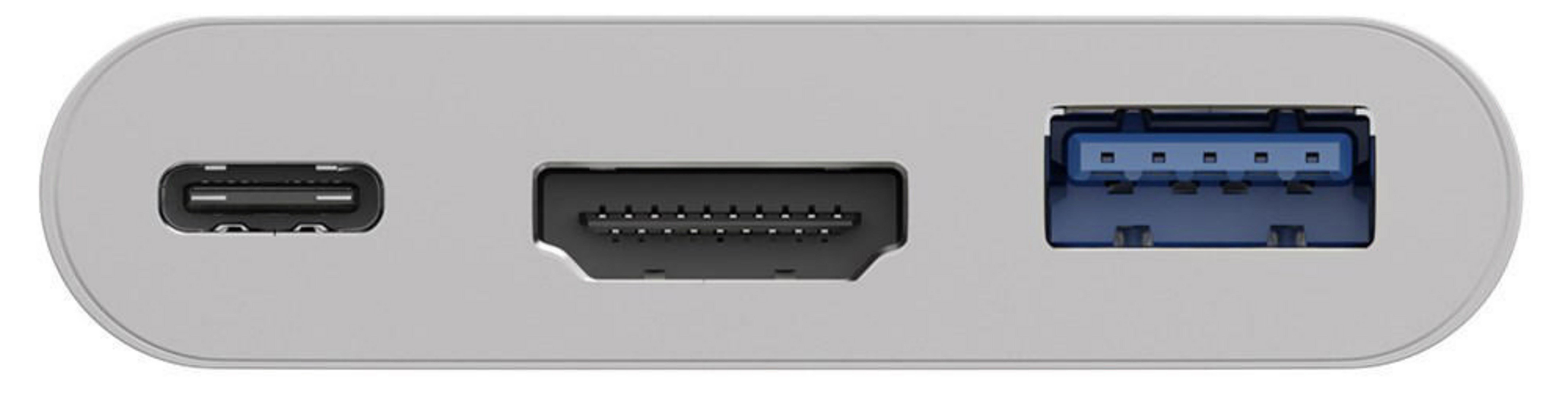 Silbernes Gerät mit USB-C-, HDMI- und USB-A-Anschlüssen. Weißer Hintergrund.