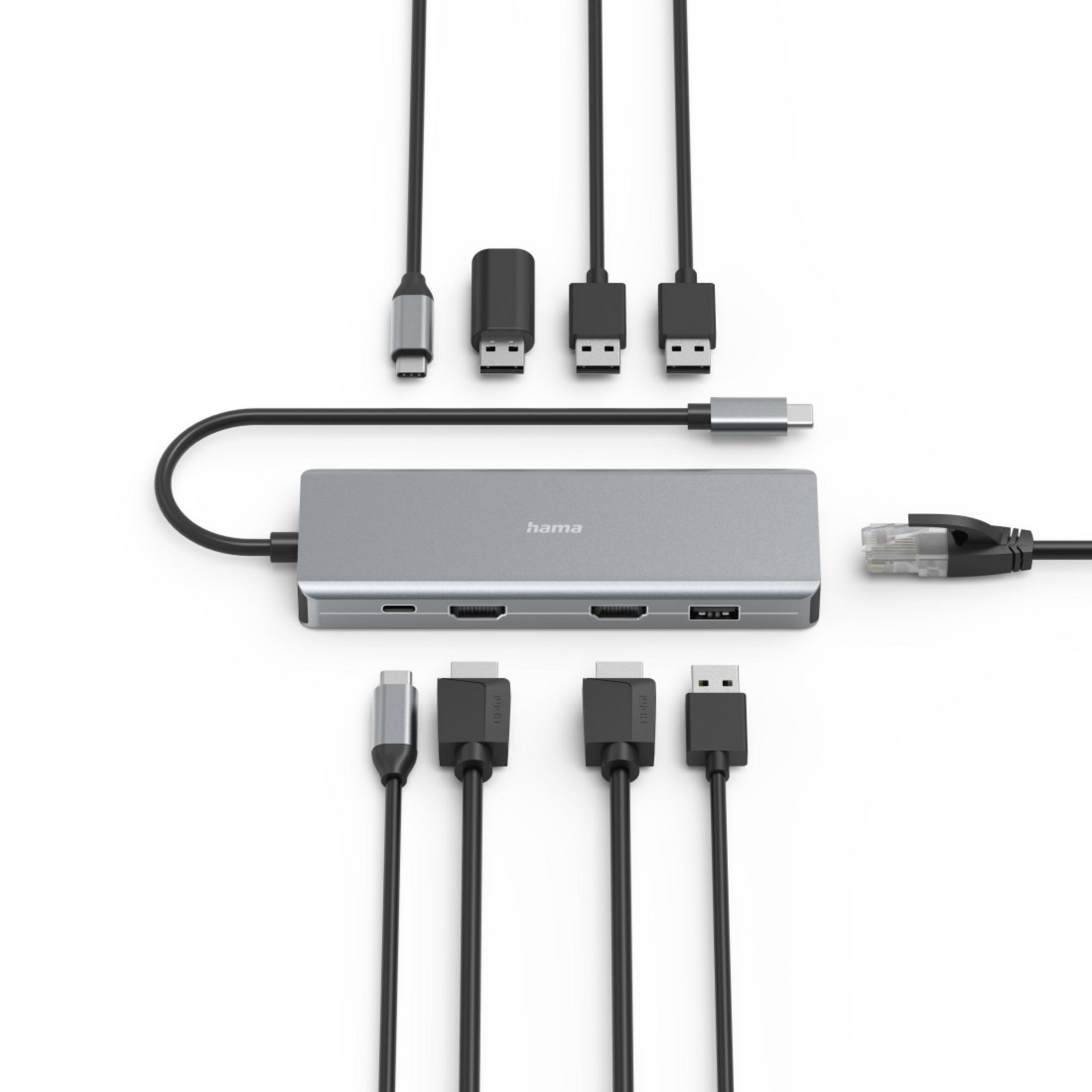 Hub argento con più cavi neri. Cavi includono USB-C, HDMI ed Ethernet.