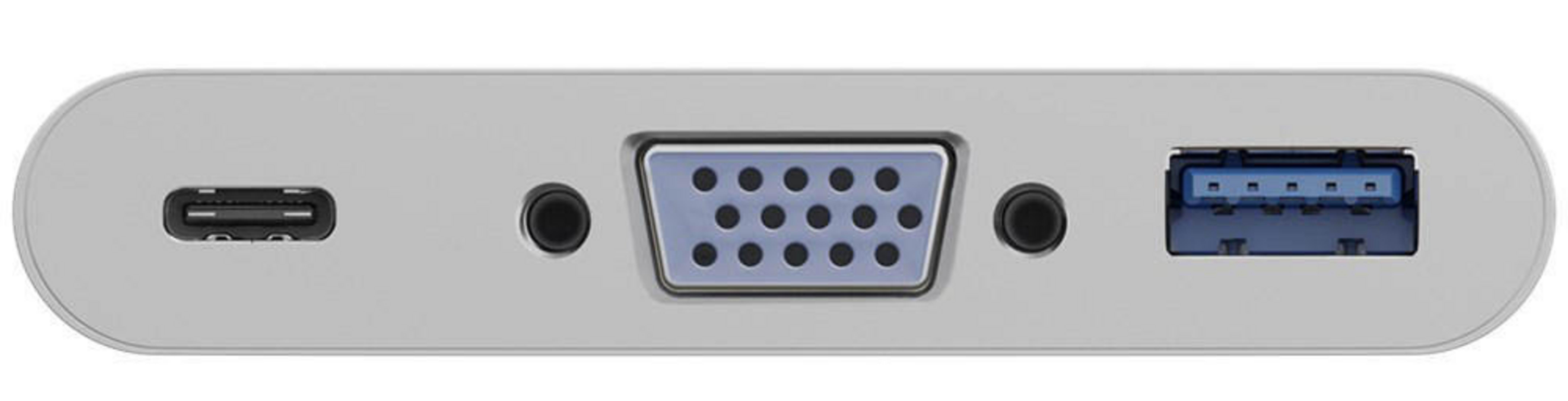 Graues Gerät mit mehreren Anschlüssen. Anschlüsse umfassen USB-C, VGA und USB-A.