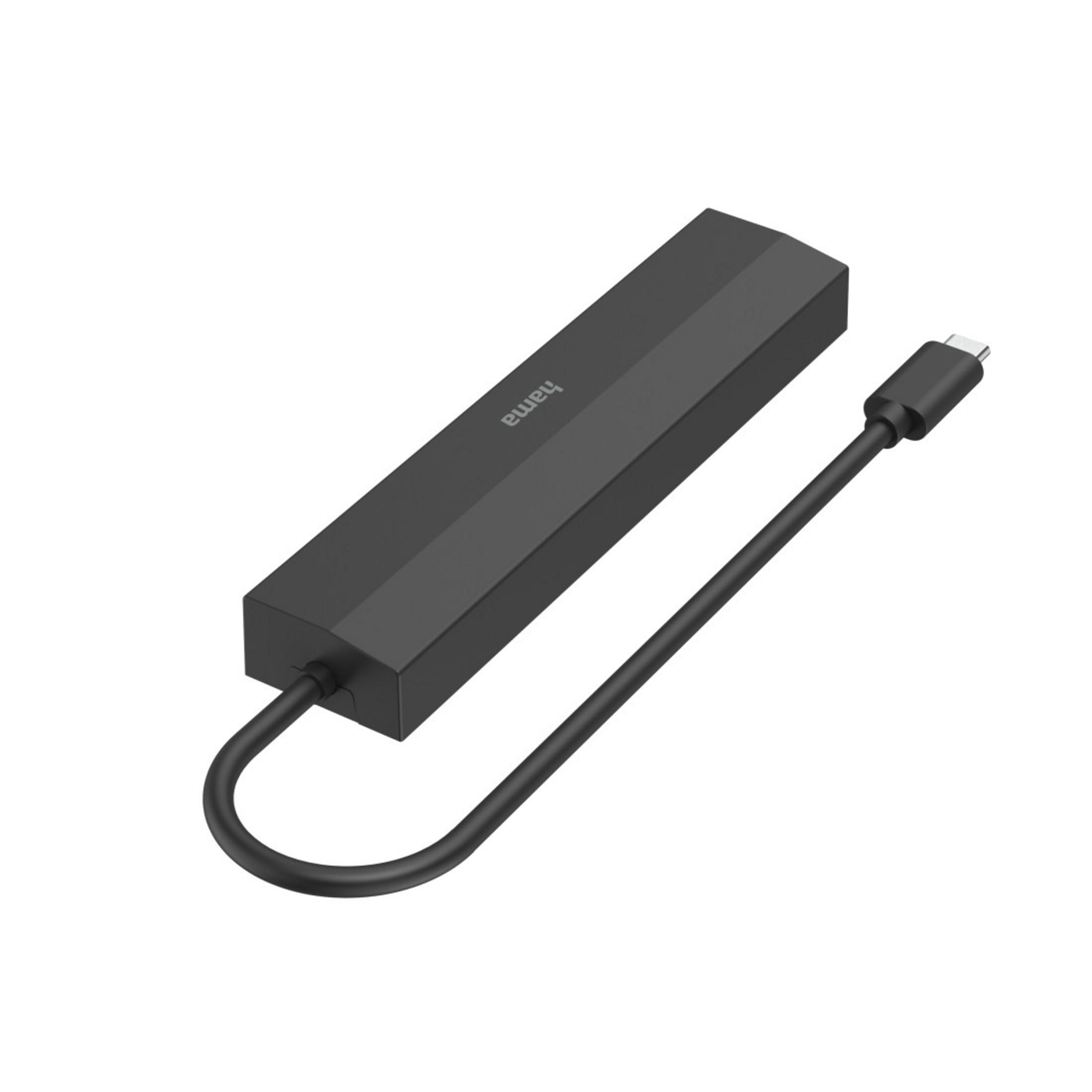 Czarny hub USB-C Hama z kablem, na białym tle.