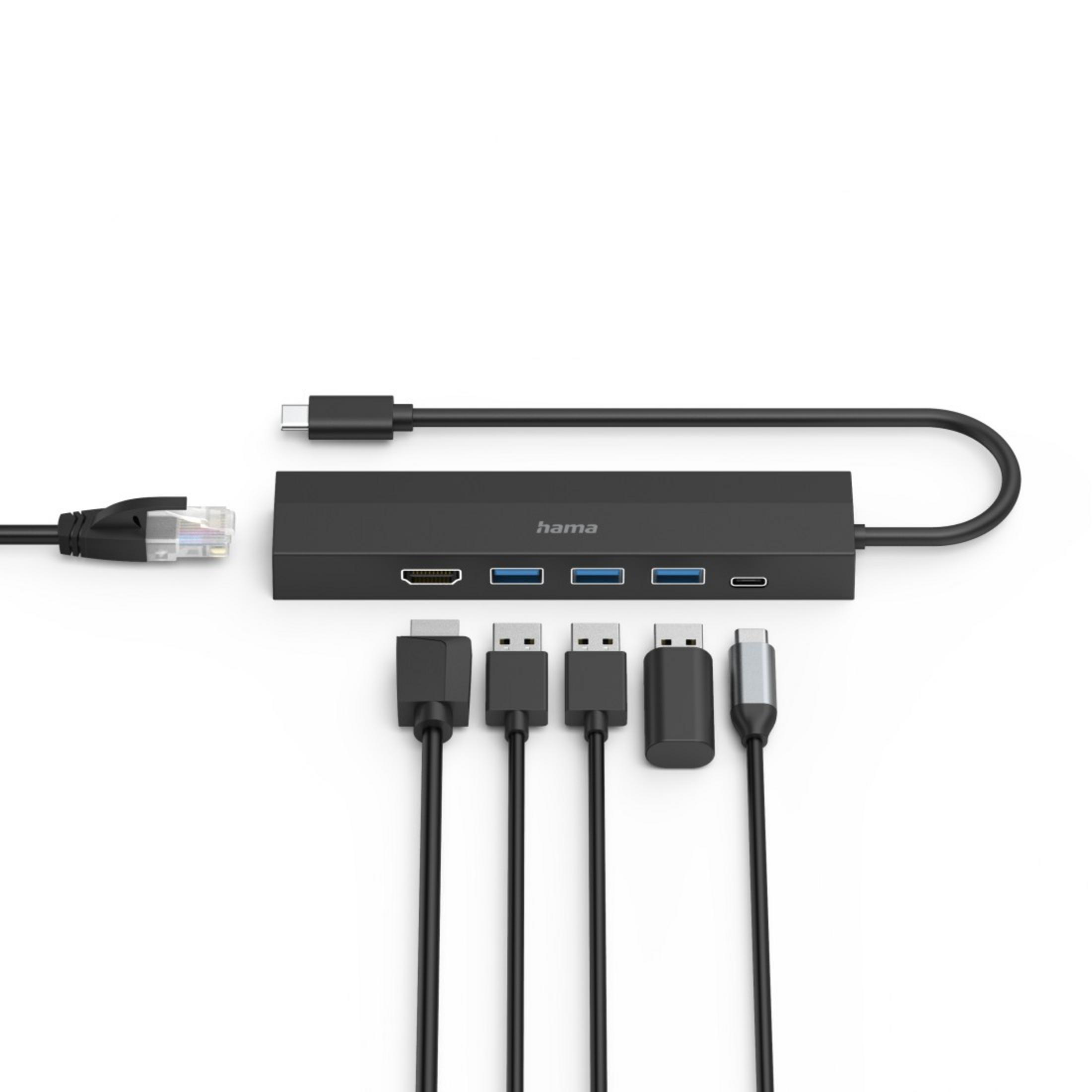 Czarny hub USB-C z podłączonymi kablami. Kable obejmują HDMI, USB i ethernet.