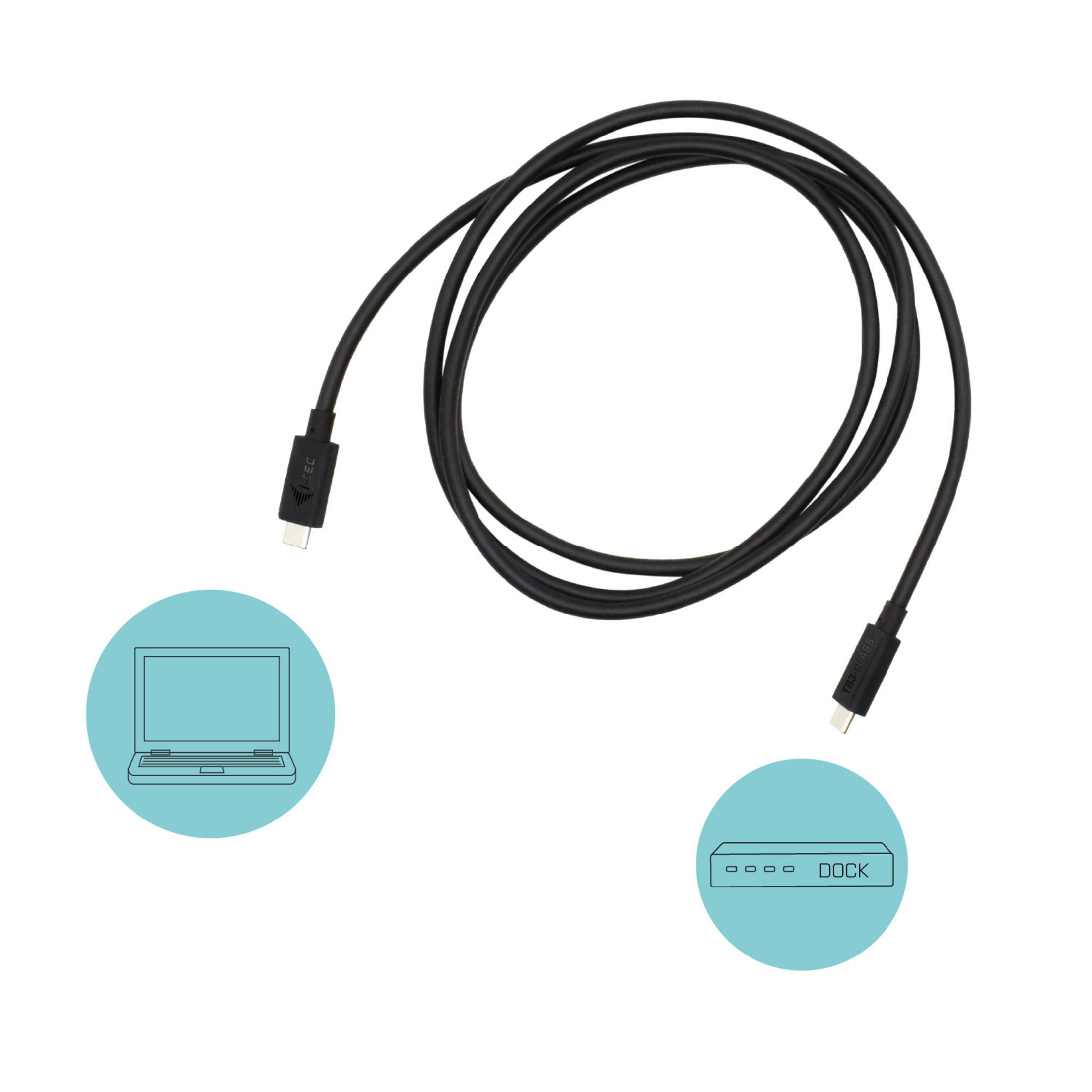 Zwarte USB-C-kabel met connectoren en twee blauwe cirkels met laptop- en dock-iconen.