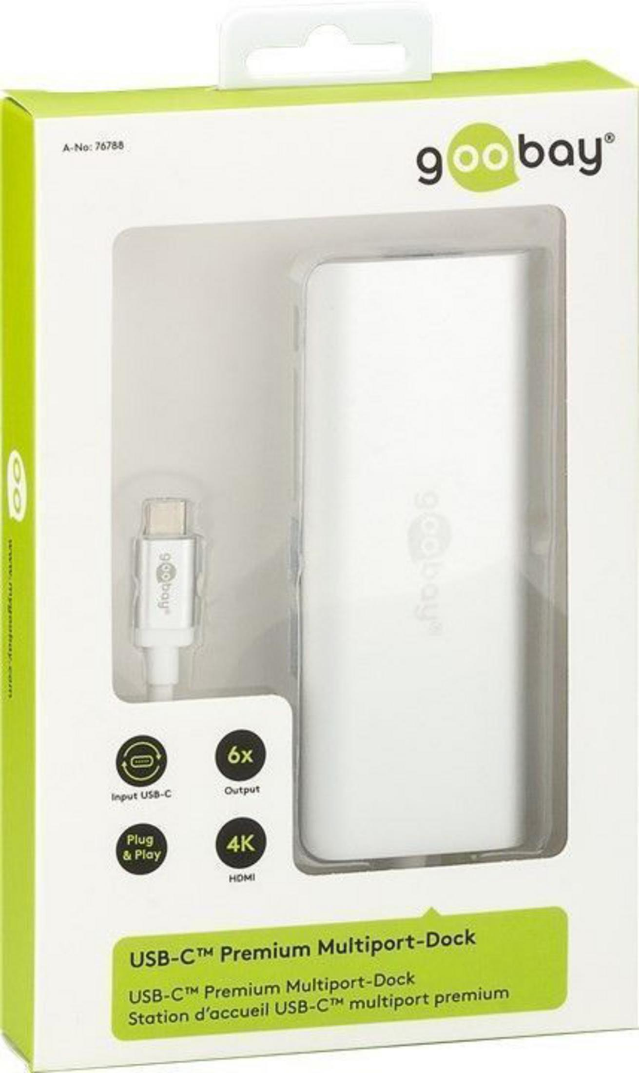 Docking station multiport USB-C bianca e argento nella confezione. La confezione contiene testo e grafica.