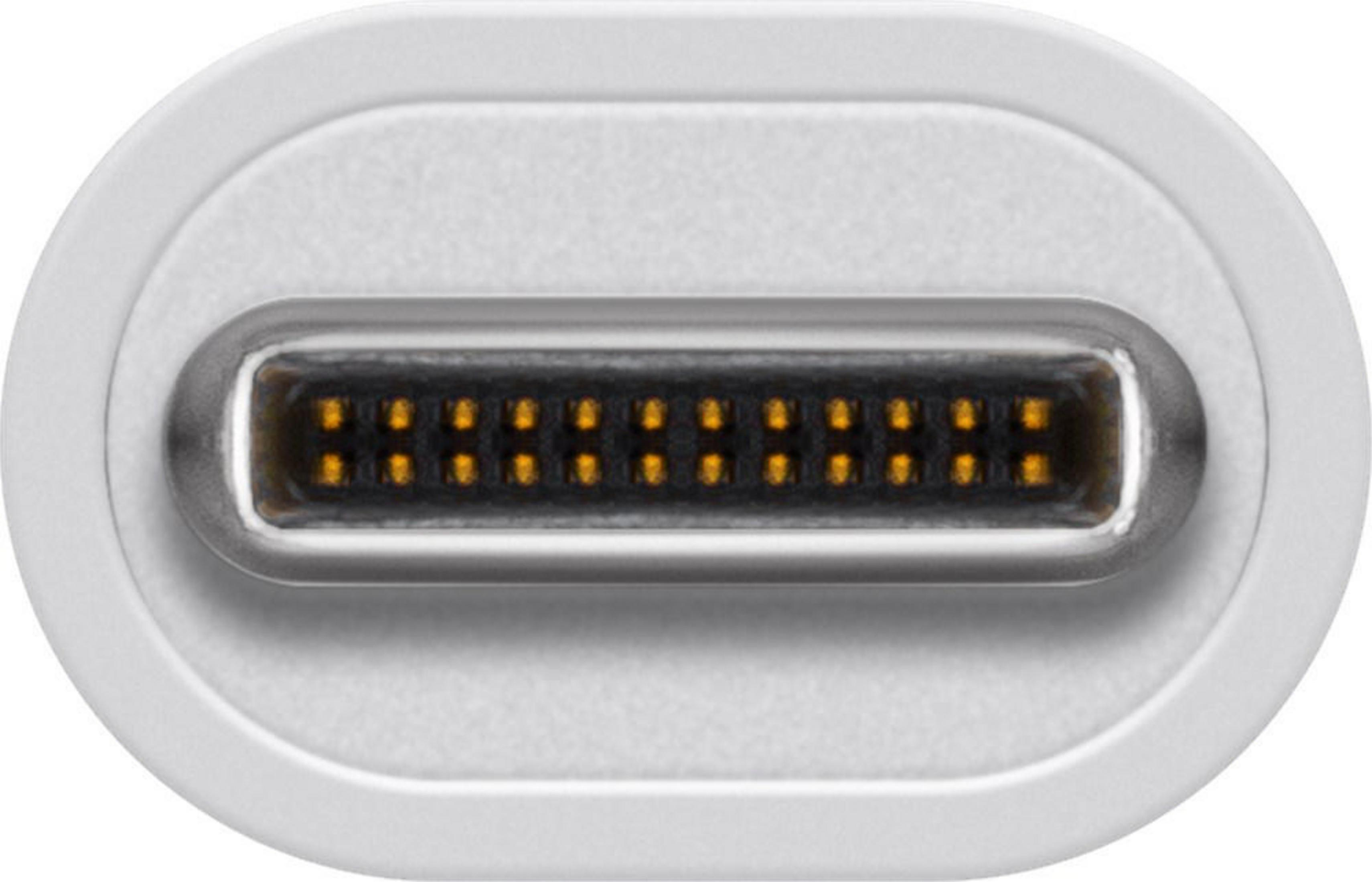 Weiße USB-C-Buchse Nahaufnahme. Der Stecker hat mehrere Stifte im Gehäuse.