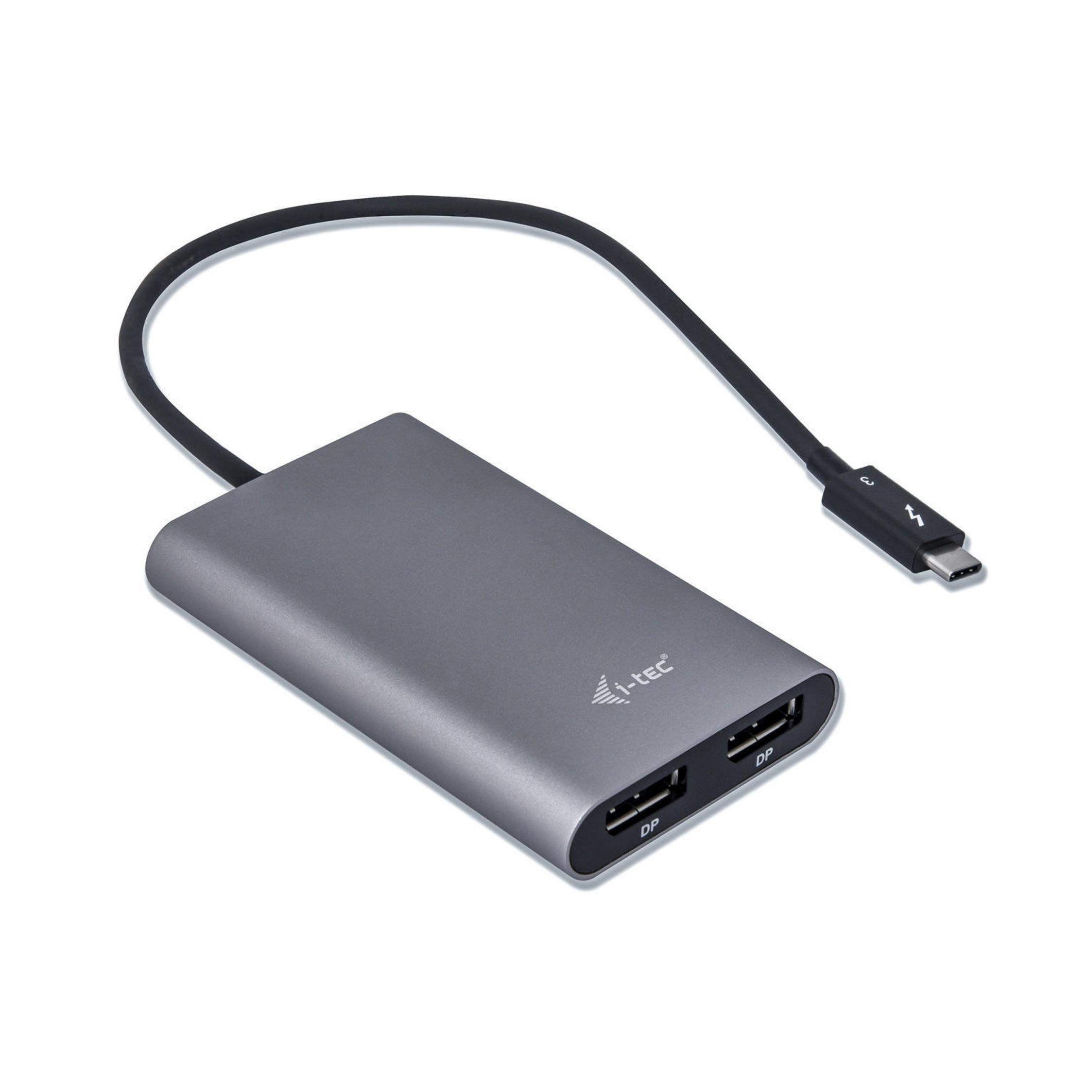 Grauer Adapter mit zwei DP-Anschlüssen und USB-C-Kabel.