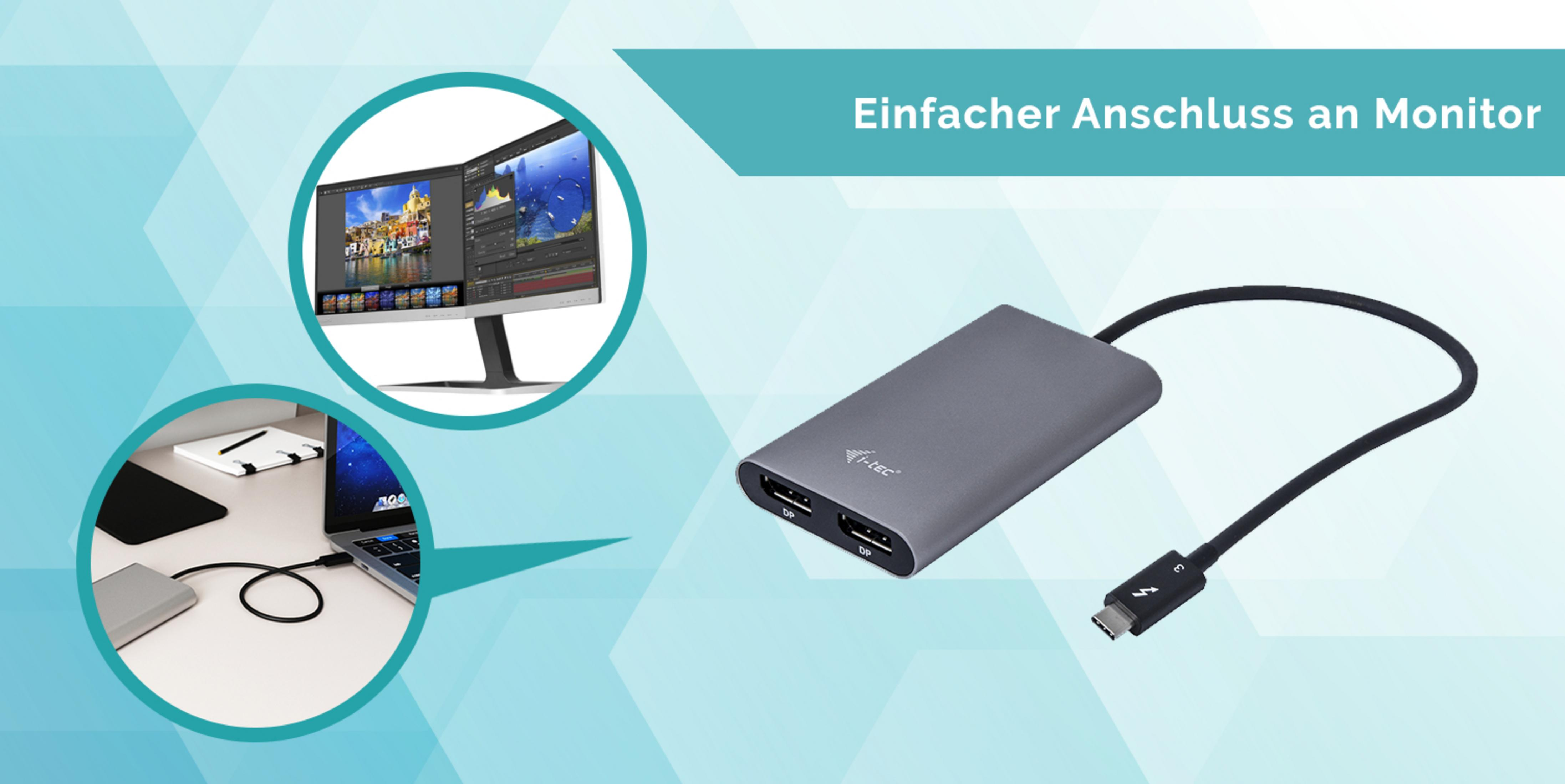 Grauer Adapter mit HDMI- und USB-C-Anschlüssen. Zeigt Laptop- und Monitor-Setup.