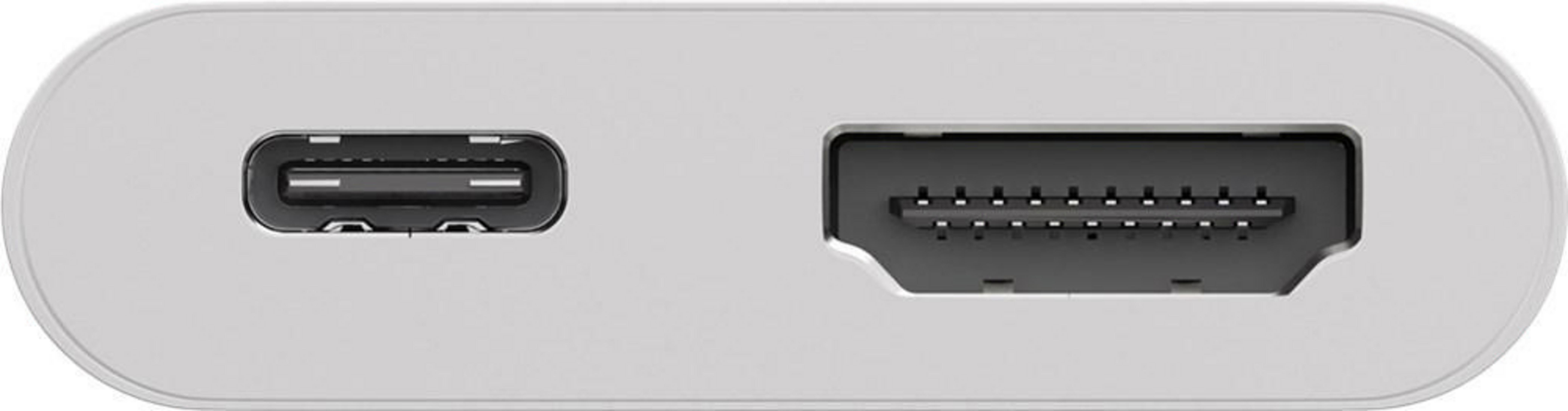 Un adattatore bianco con una porta USB-C e una porta HDMI affiancate.
