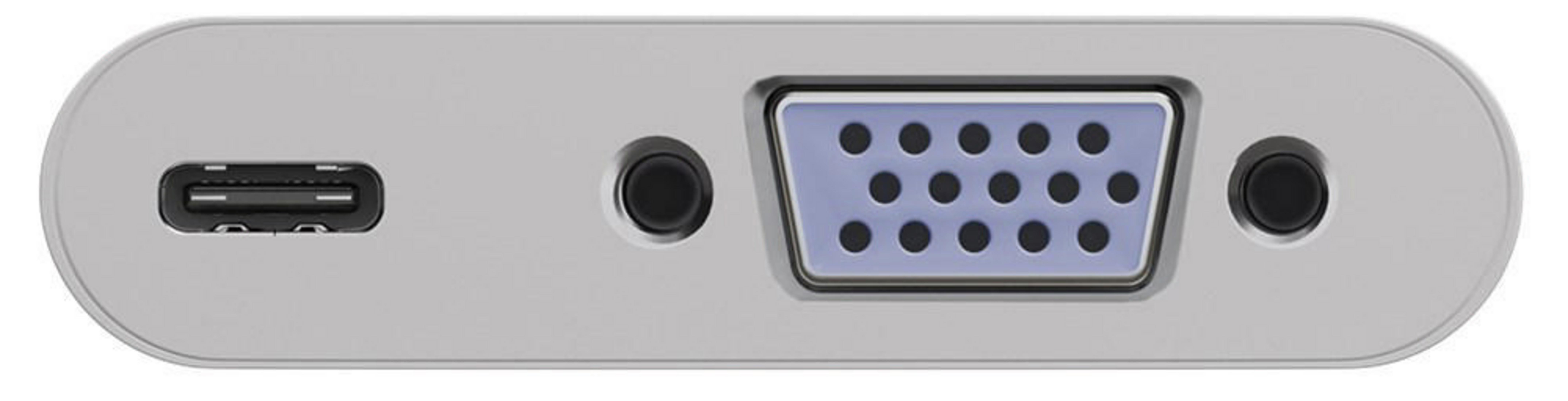 Ein graues Gerät mit einem USB-C-Anschluss, einem VGA-Anschluss und zwei Audioanschlüssen.