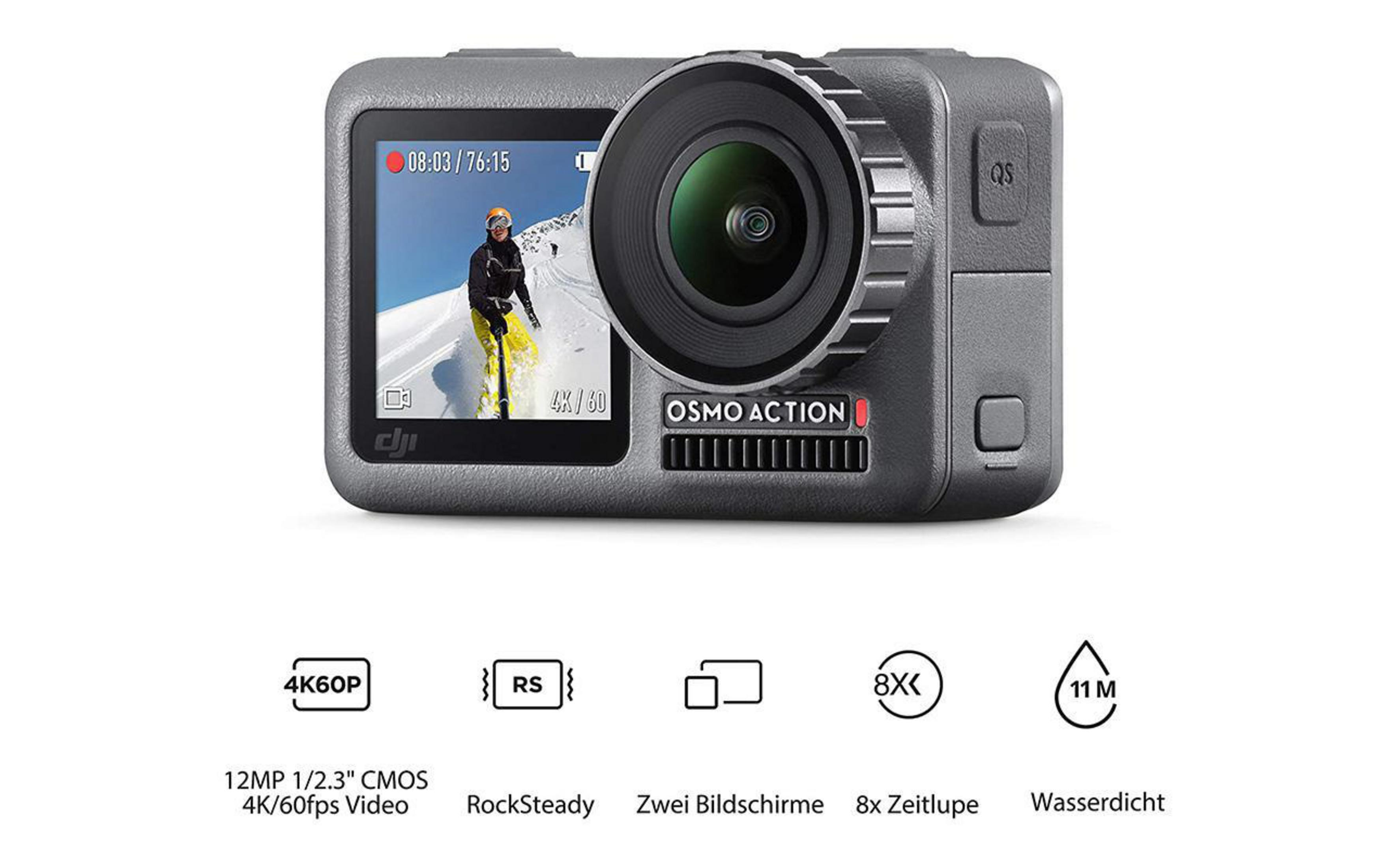 Graue Action-Kamera mit Bildschirm, der Video anzeigt. Symbole und Text um die Kamera. Weißer Hintergrund.