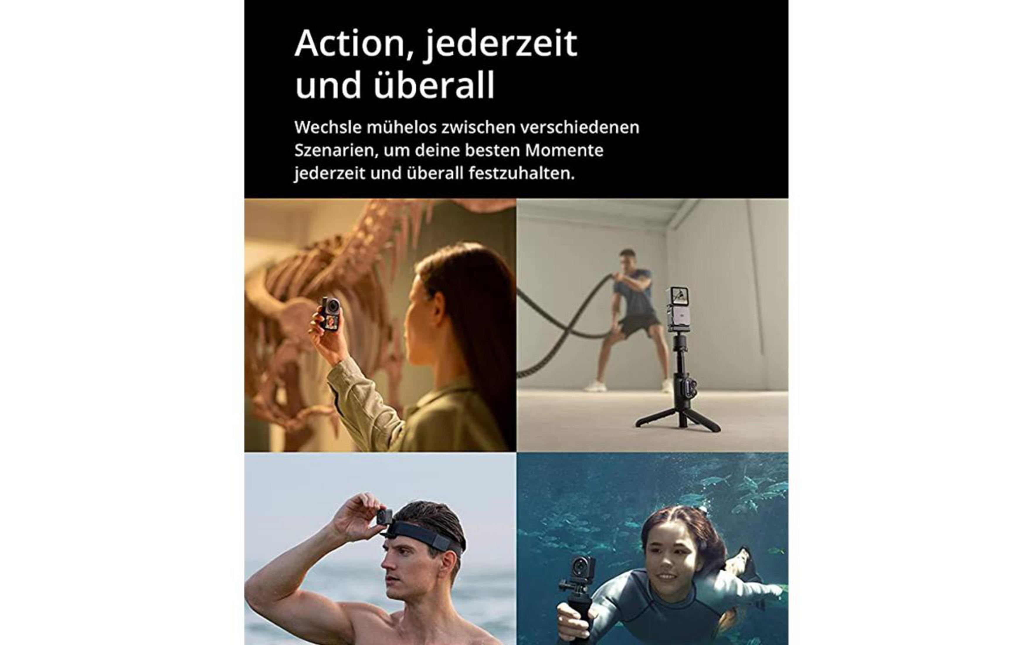 Bild zeigt eine Kamera, die in verschiedenen Umgebungen verwendet wird. Textüberlagerungen. Personen benutzen die Kamera.