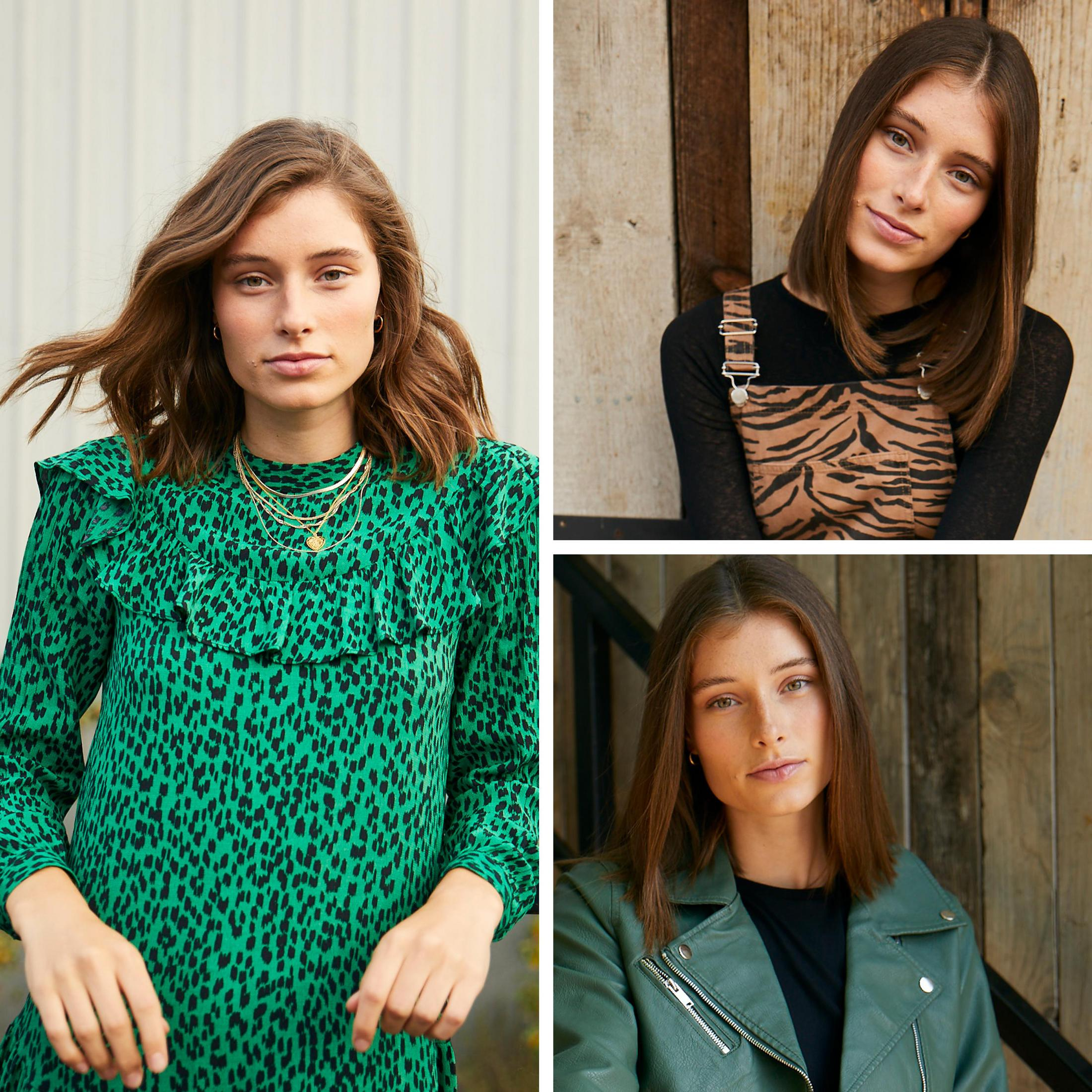 Trzy zdjęcia kobiety w różnych strojach. Zielona sukienka, zwierzęcy nadruk i zielona kurtka.