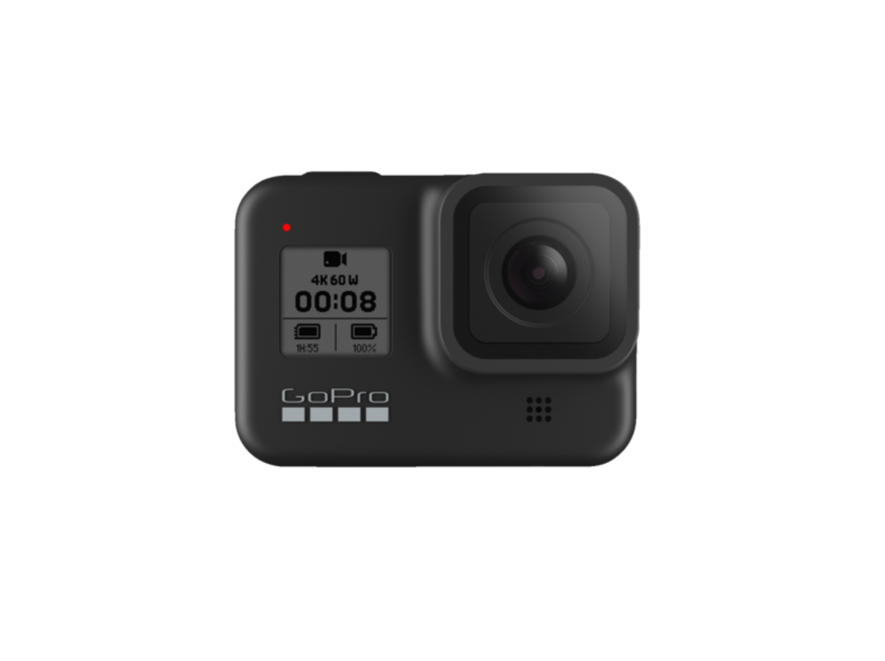 Schwarze GoPro-Kamera mit Bildschirm, der 4K 60W und einen Timer anzeigt. Ein rotes Licht leuchtet.