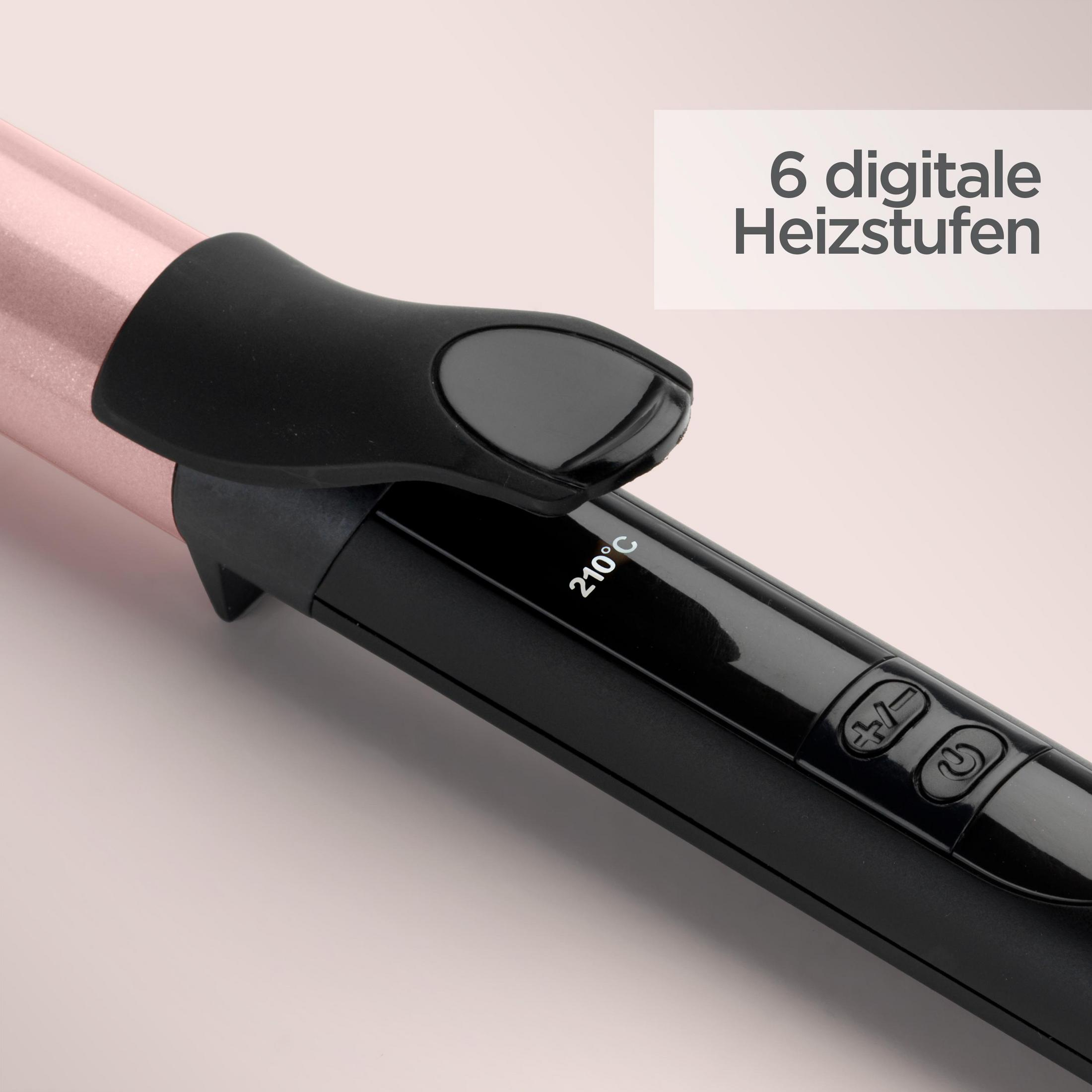 Czarna i różowo-złota lokówka wyświetla 6 cyfrowych ustawień ciepła.