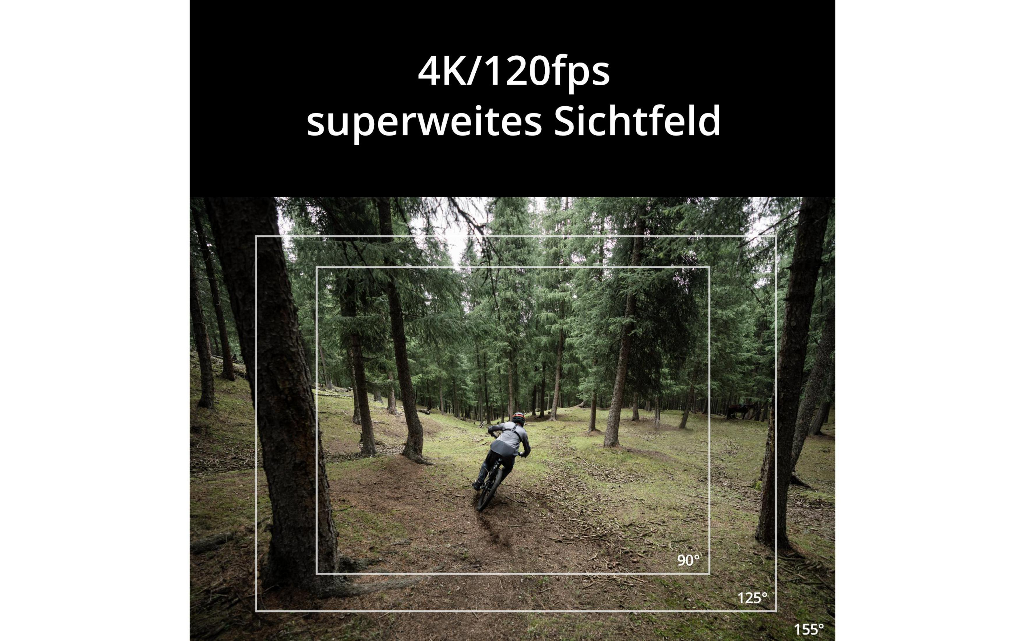 Kolarz górski na szlaku, nakładka tekstowa: 4K/120fps super szerokie pole widzenia.