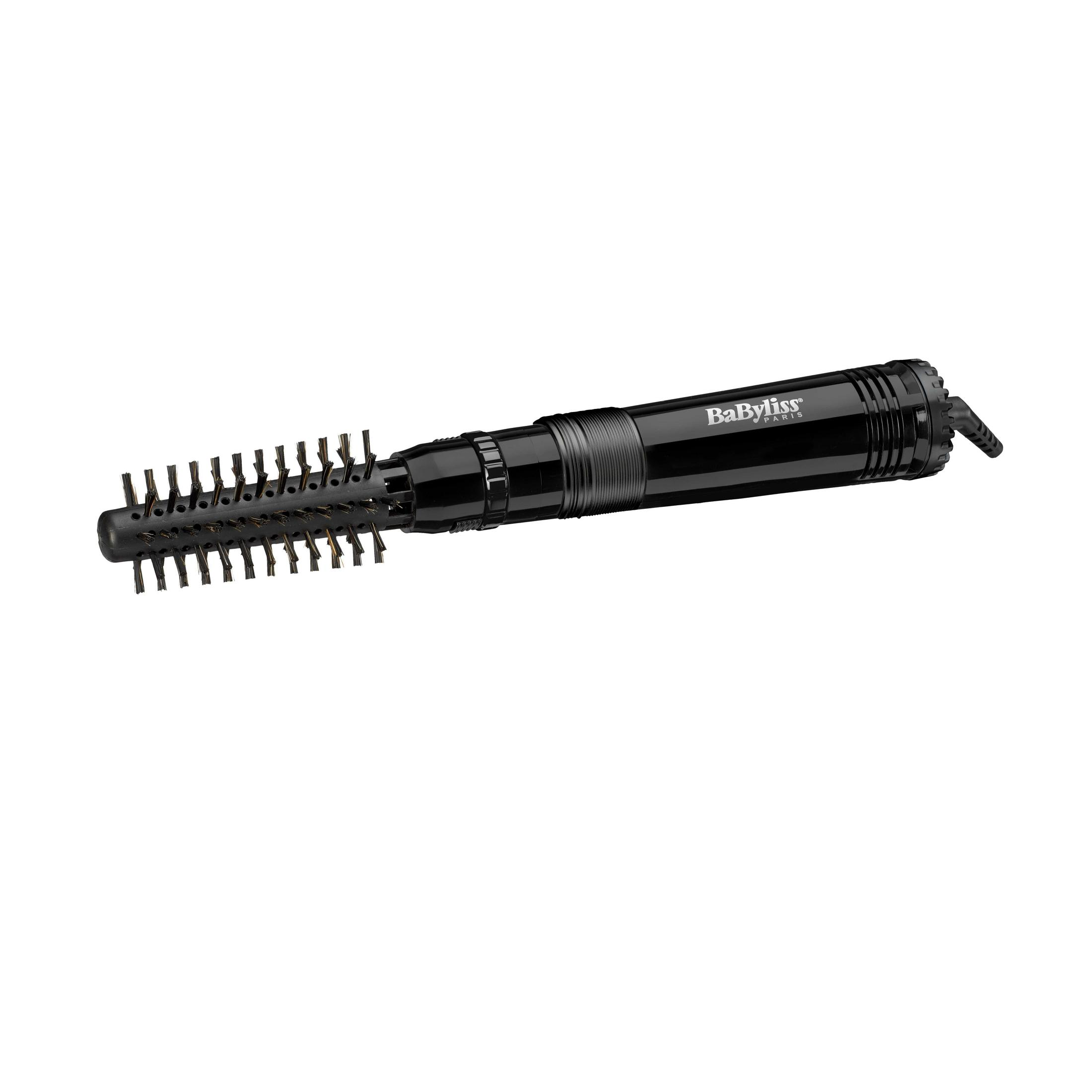Beyaz bir arka plan üzerinde siyah bir Babyliss saç şekillendirme fırçası.