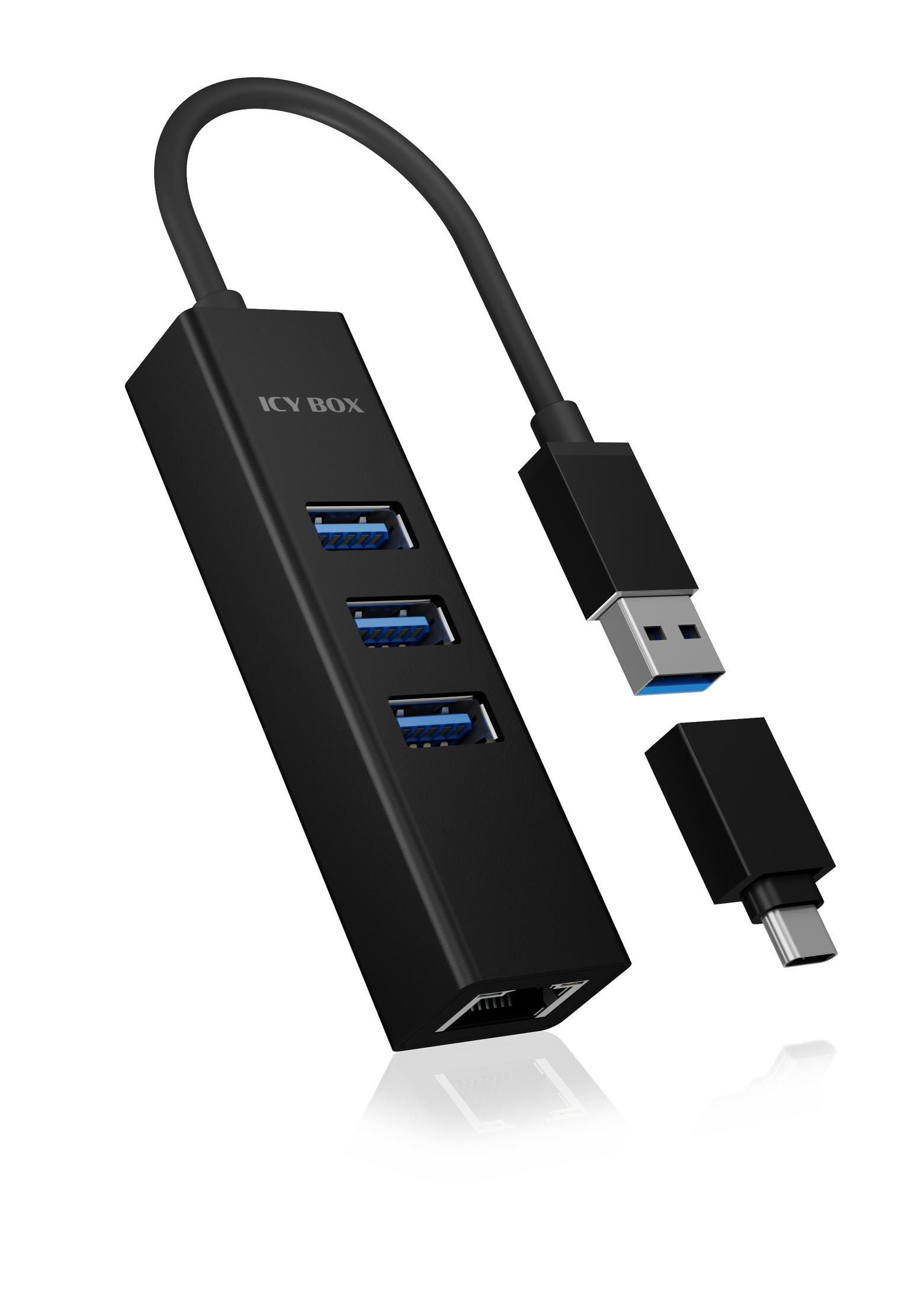 Hub USB nero con 3 porte e un connettore USB e USB-C, sfondo bianco.