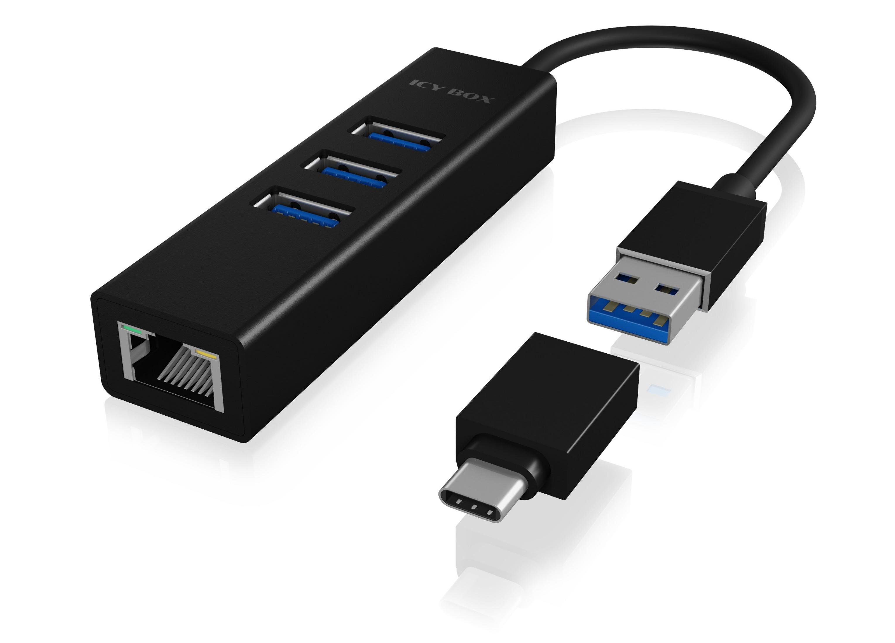 Hub USB nero con tre porte USB e una porta Ethernet. Adattatore USB-C incluso.