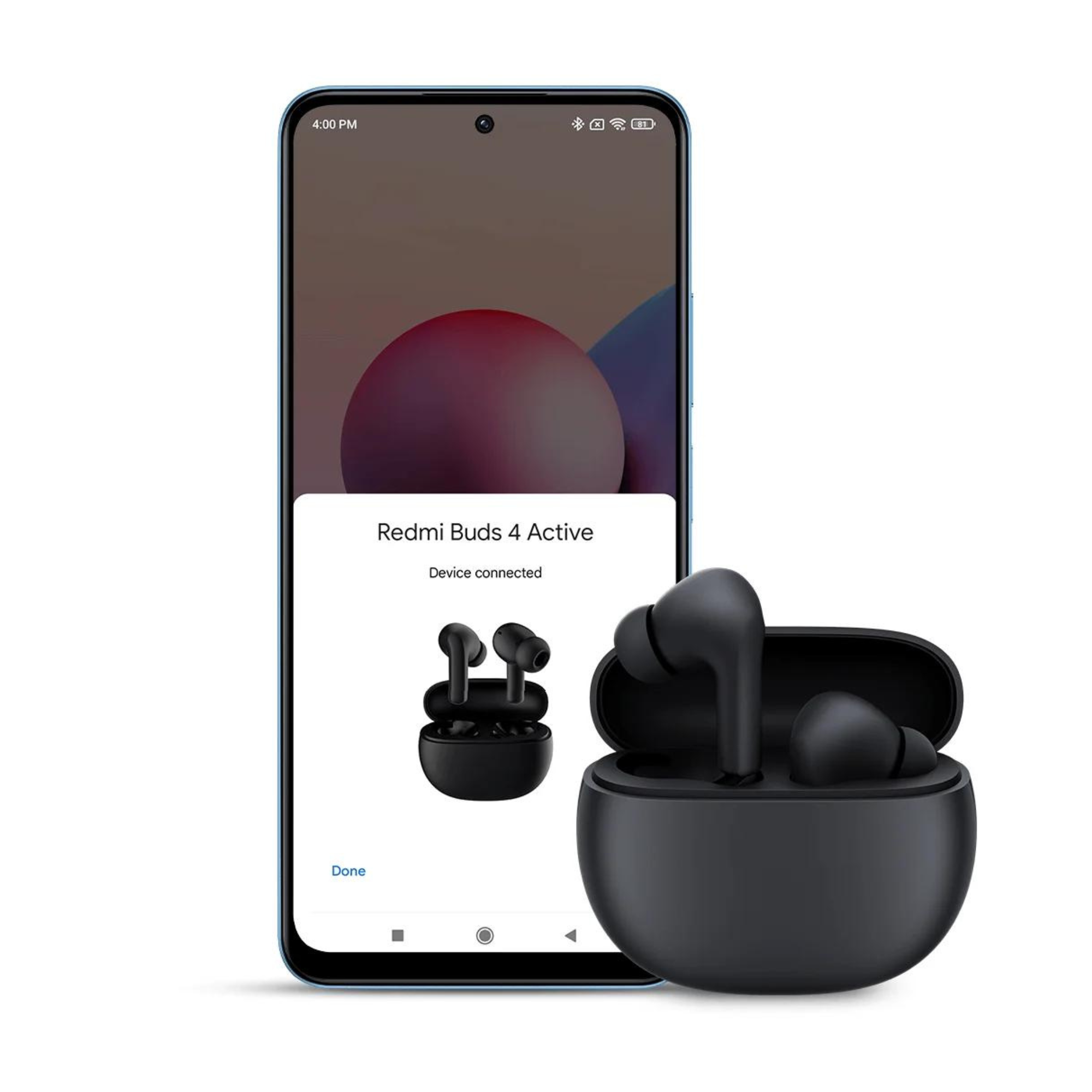 Smartfon wyświetlający podłączone czarne słuchawki w etui ładującym na białym tle.