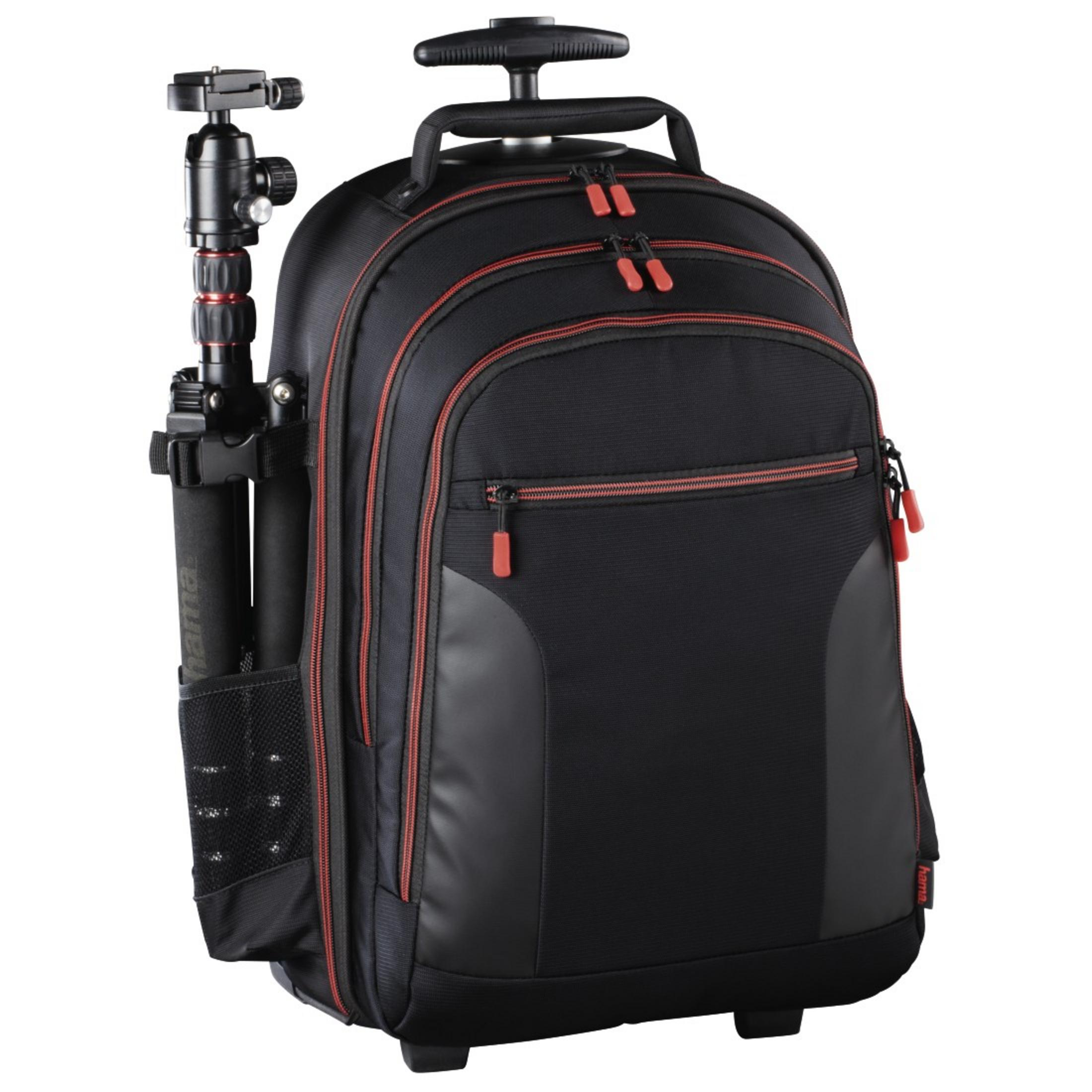 Ein schwarzer Rucksack mit Stativ, roten Reißverschlüssen und schwarzem Griff.