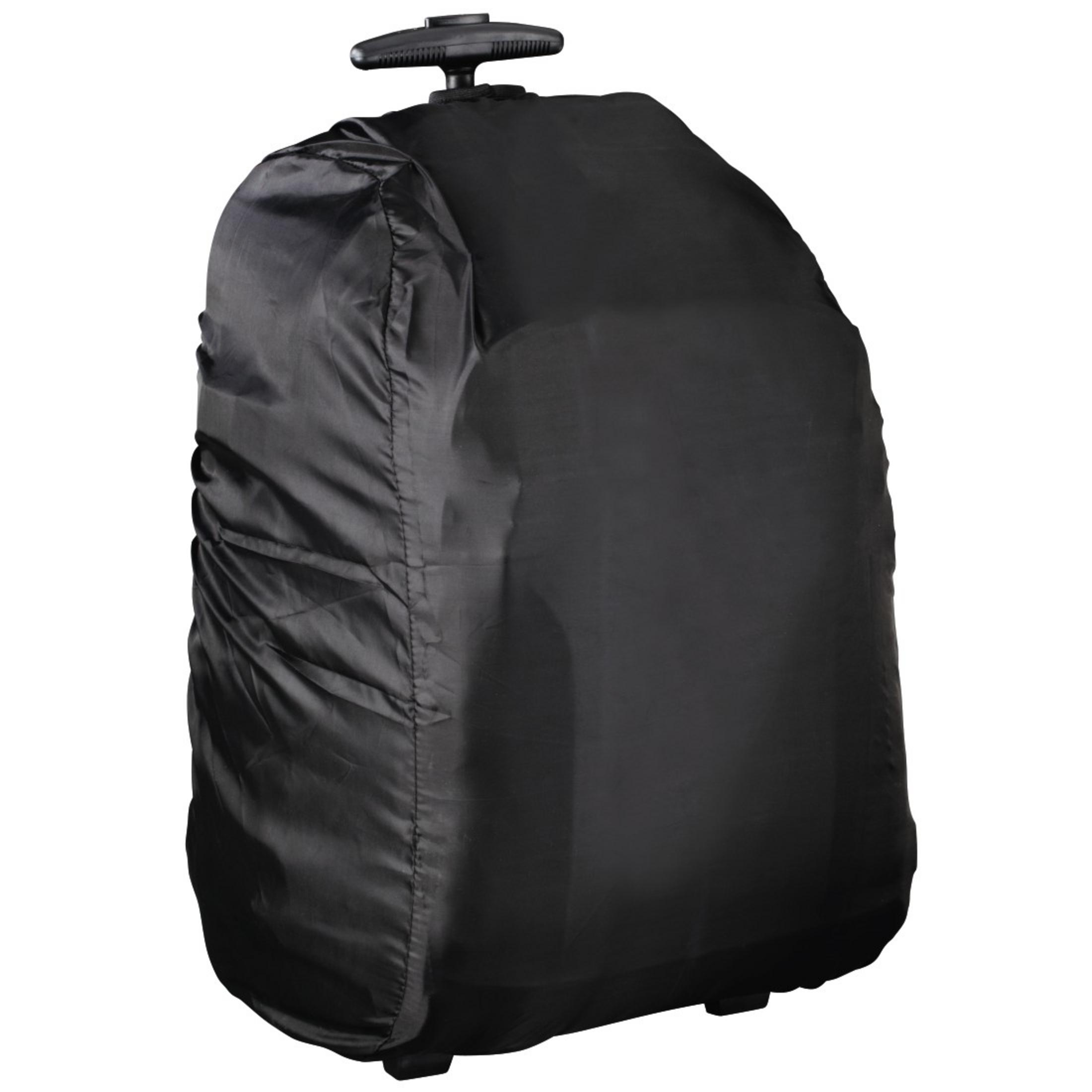 Schwarzer Rucksack mit schwarzer Regenhülle bedeckt, mit Griff.