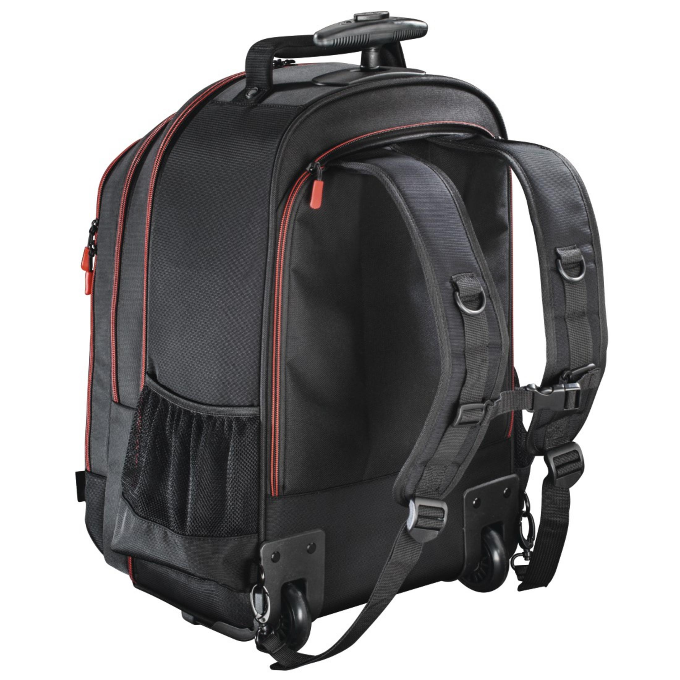 Schwarzer Rucksack mit roten Akzenten, Rädern und ausziehbarem Griff.