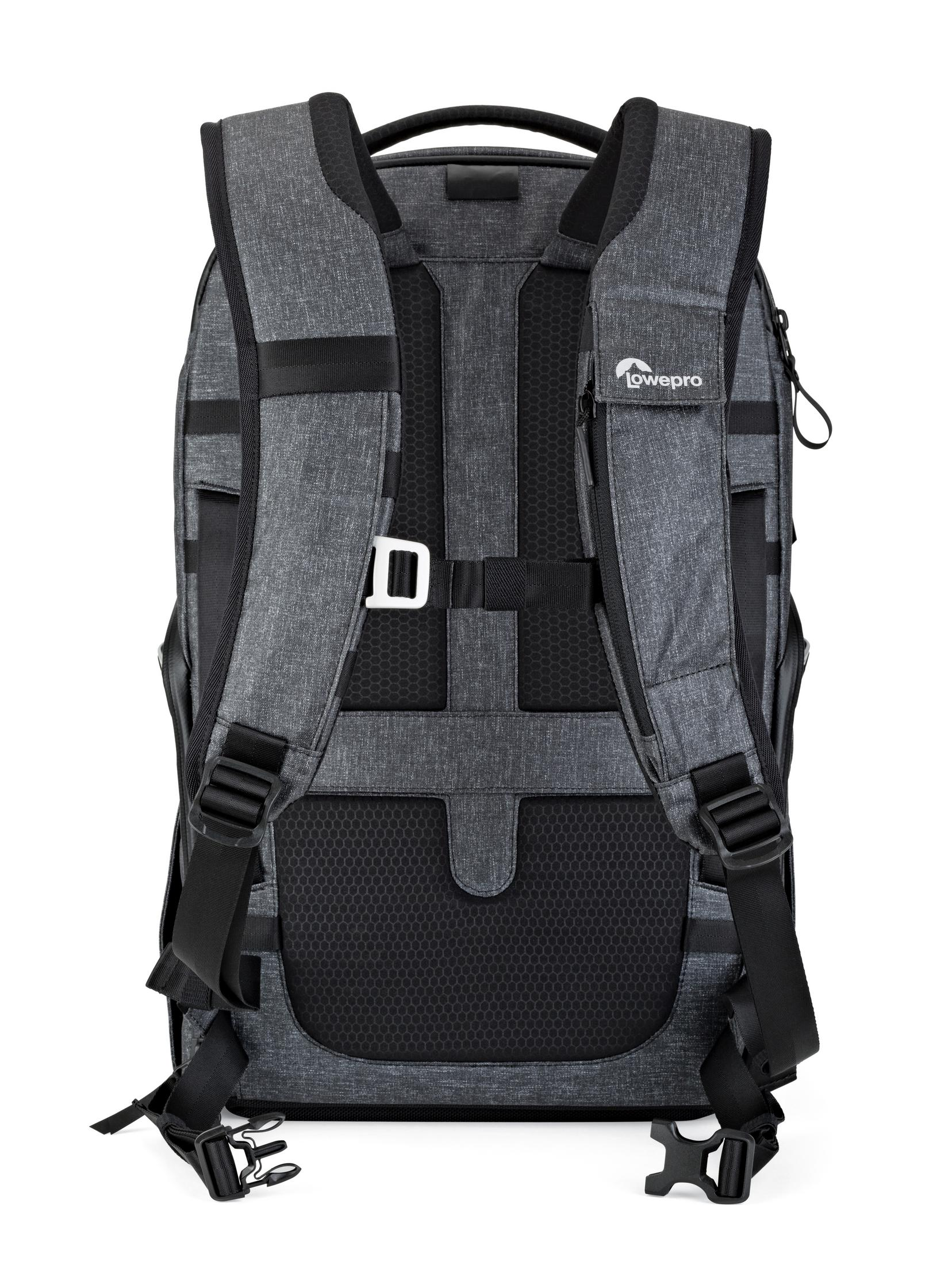 Ein grauer Rucksack mit schwarzen Gurten, Schnallen und einem Lowepro-Logo, auf weißem Hintergrund.