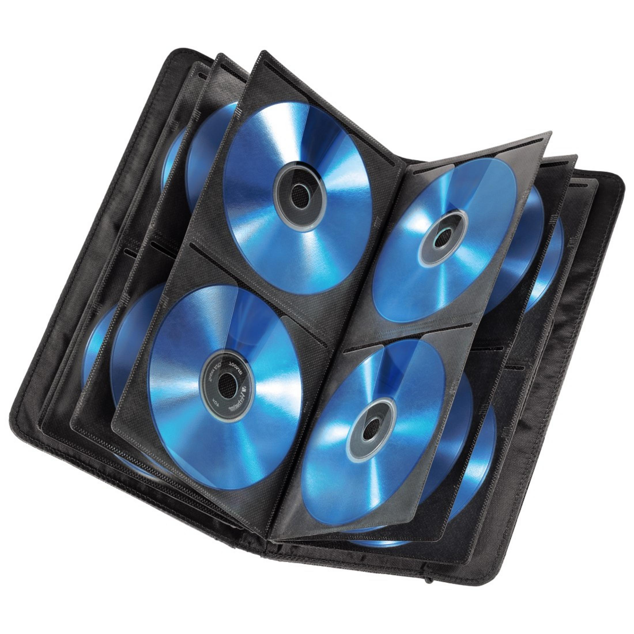 Ein offener CD-Ordner mit blauen CDs. Der Ordner ist schwarz.