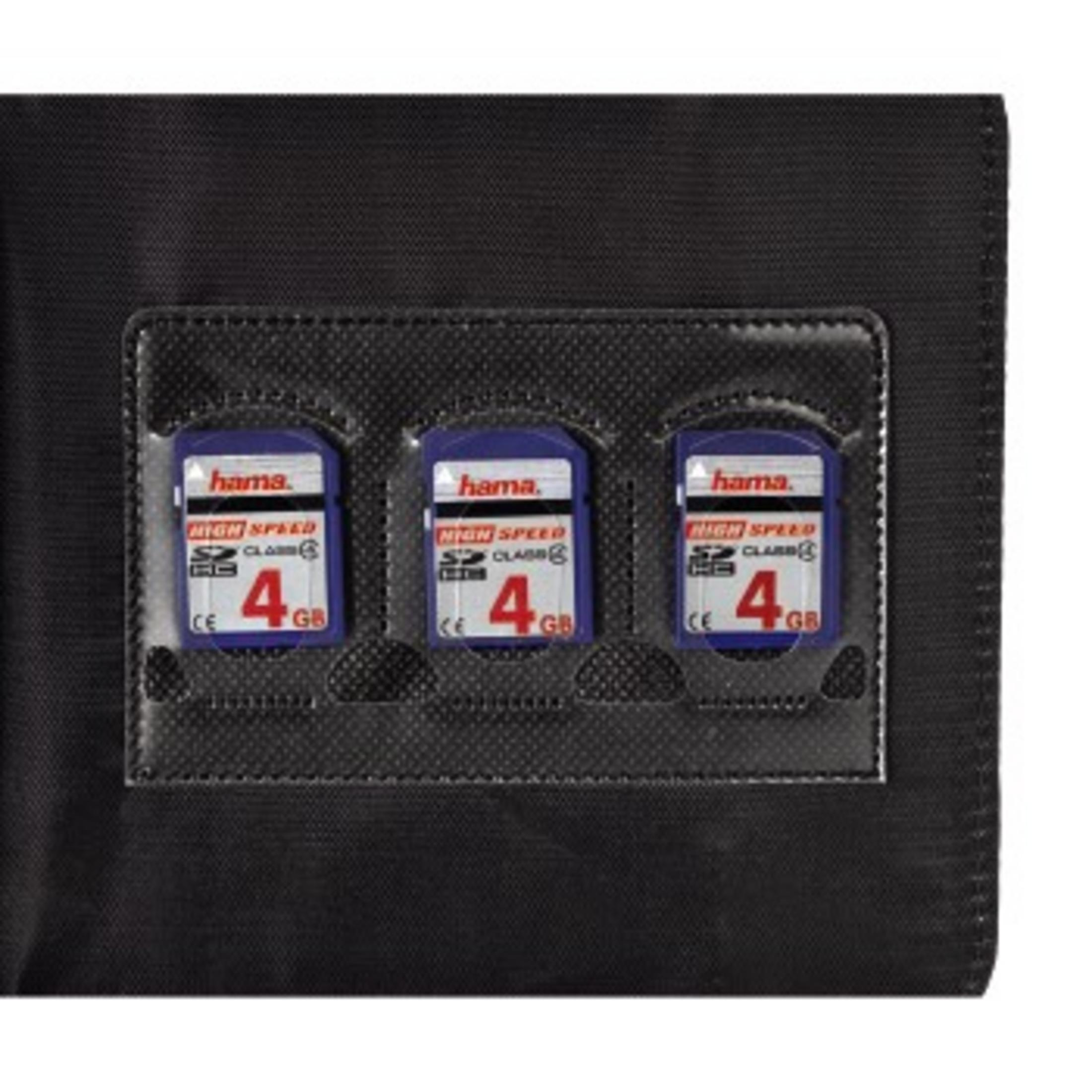 Schwarzes Etui mit drei SD-Karten. Karten haben blaue und weiße Etiketten. Schwarzer Hintergrund.