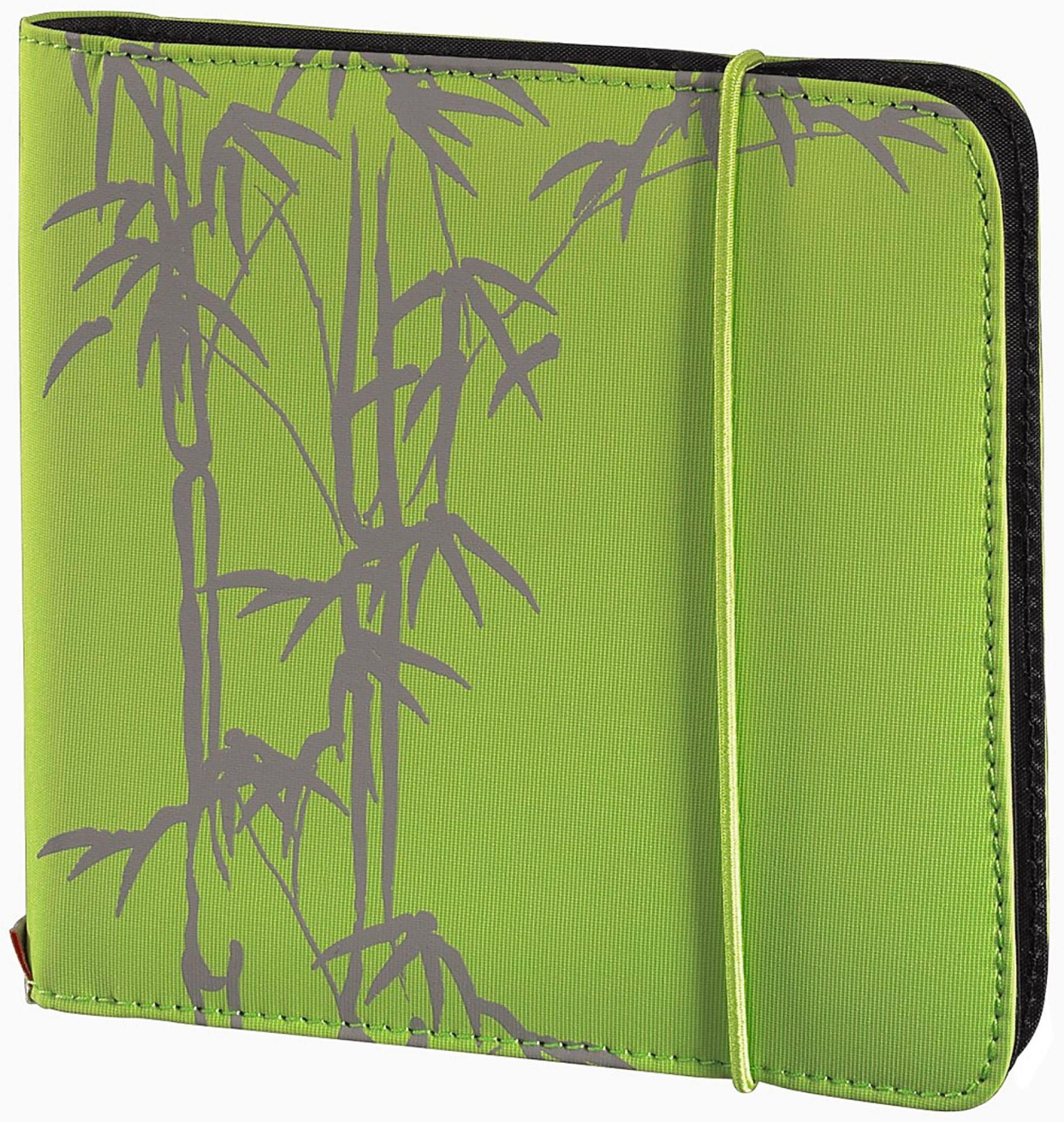 Grünes Notizbuch mit Bambusdesign, grauen Blättern und Stängeln, grünem Gummiband und schwarzen Rändern.