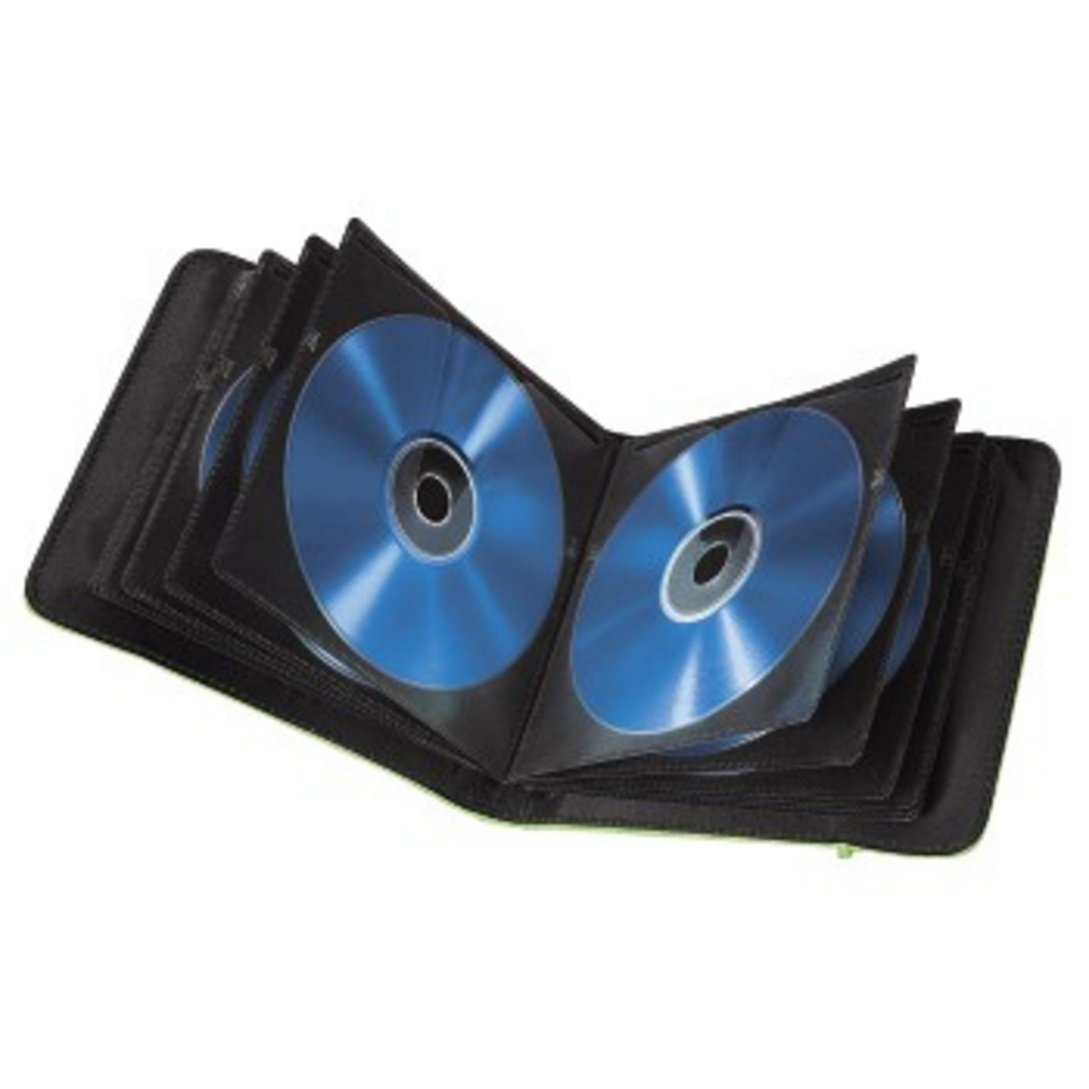 Offene schwarze CD-Hülle mit mehreren blauen CDs, teilweise gefüllt.