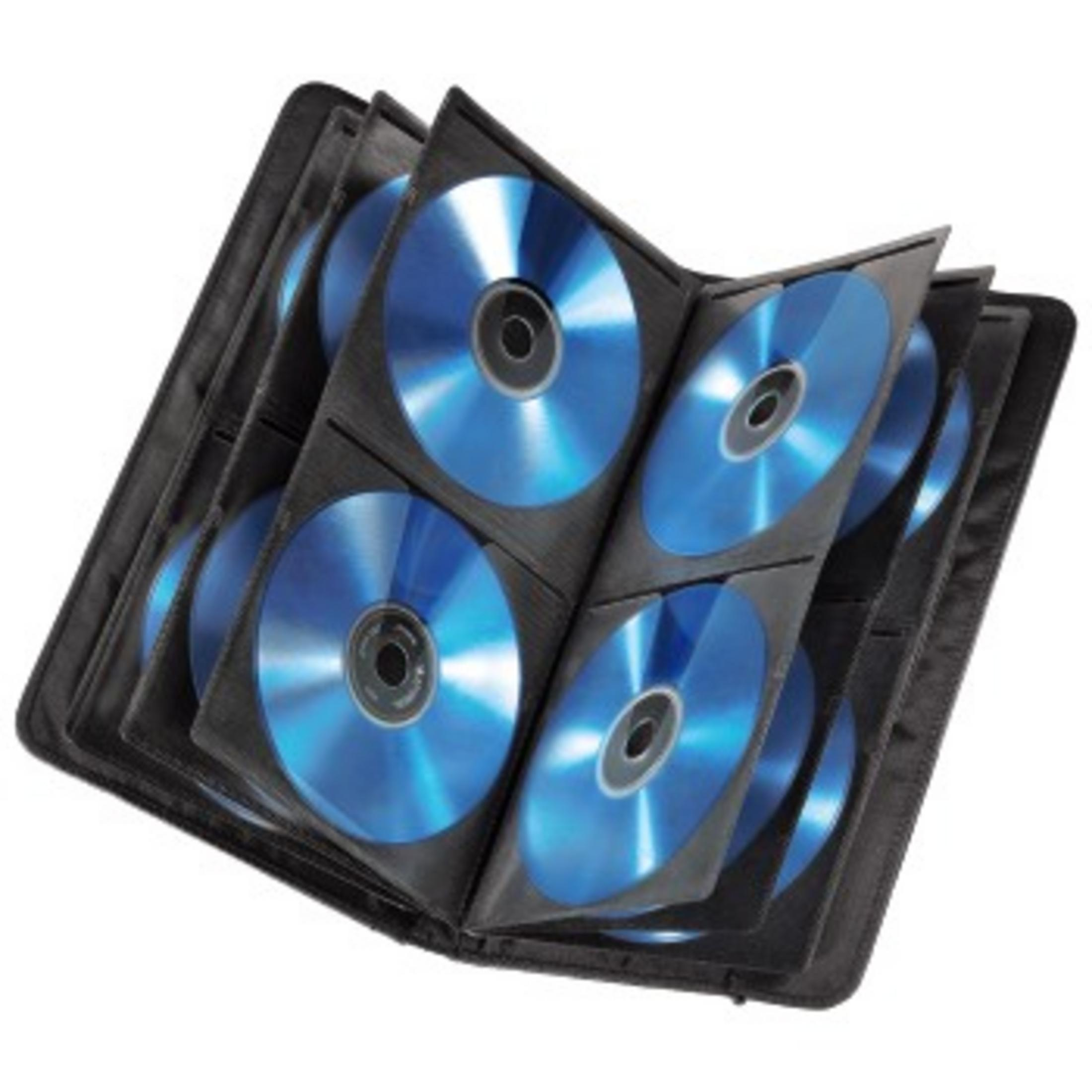 Ein offener schwarzer CD-Ordner mit blauen CDs, auf weißem Hintergrund.